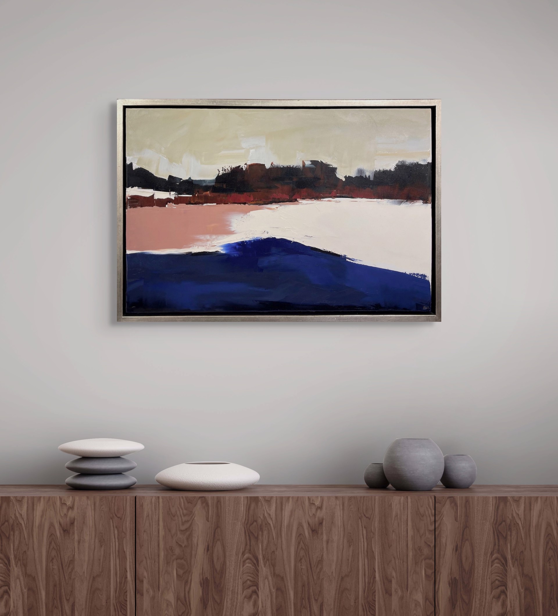 A painting of a landscape with a red, white and blue sky.