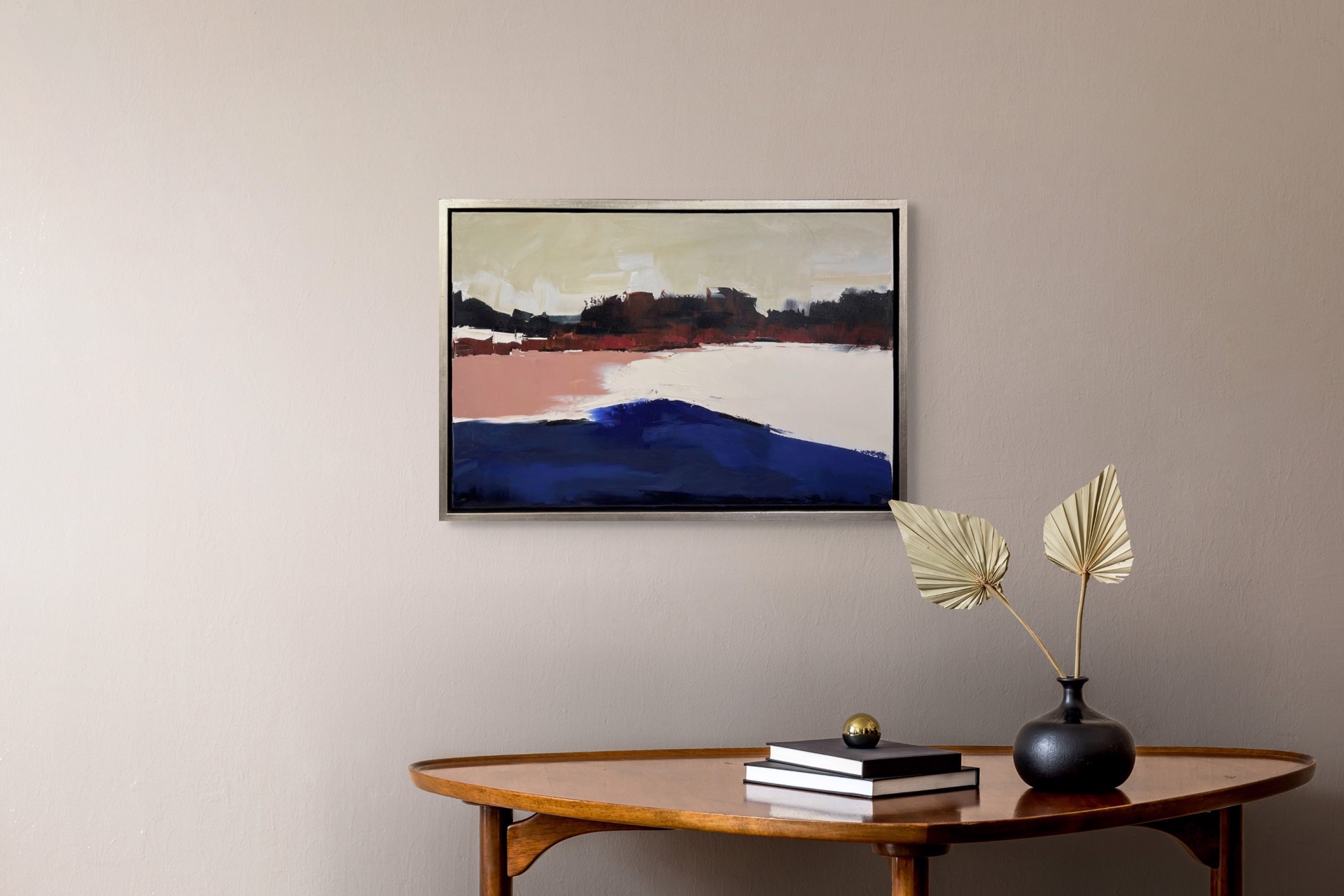 A painting of a landscape with a red, white and blue sky.