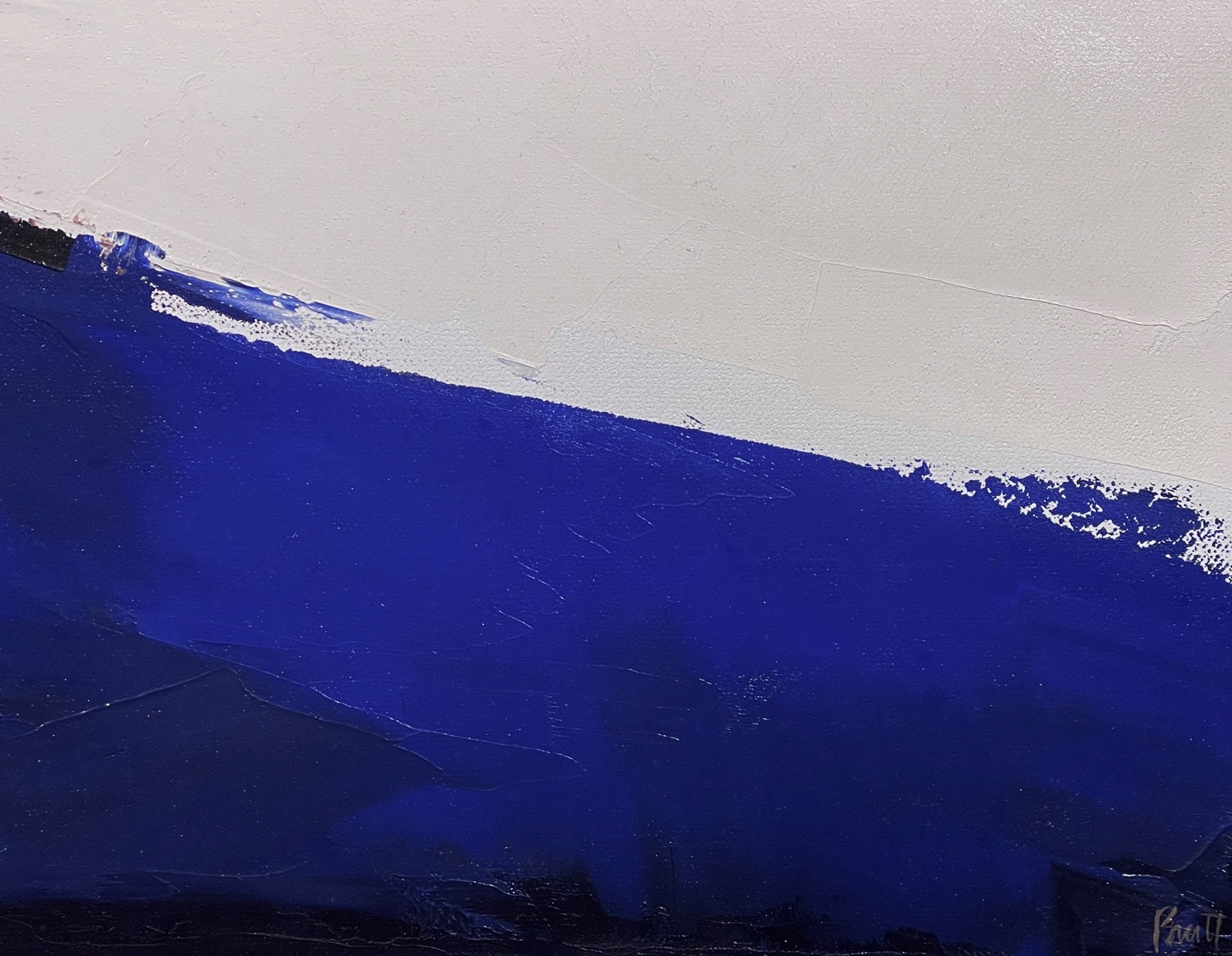 A painting of a landscape with a red, white and blue sky.