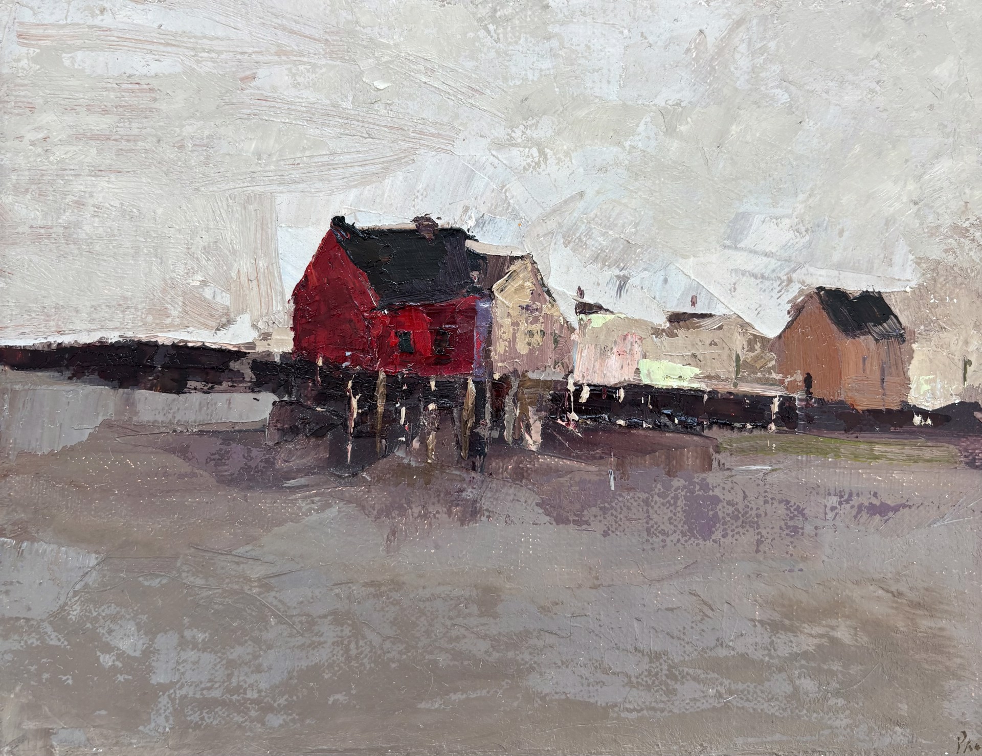 A painting of a red house on a beach.