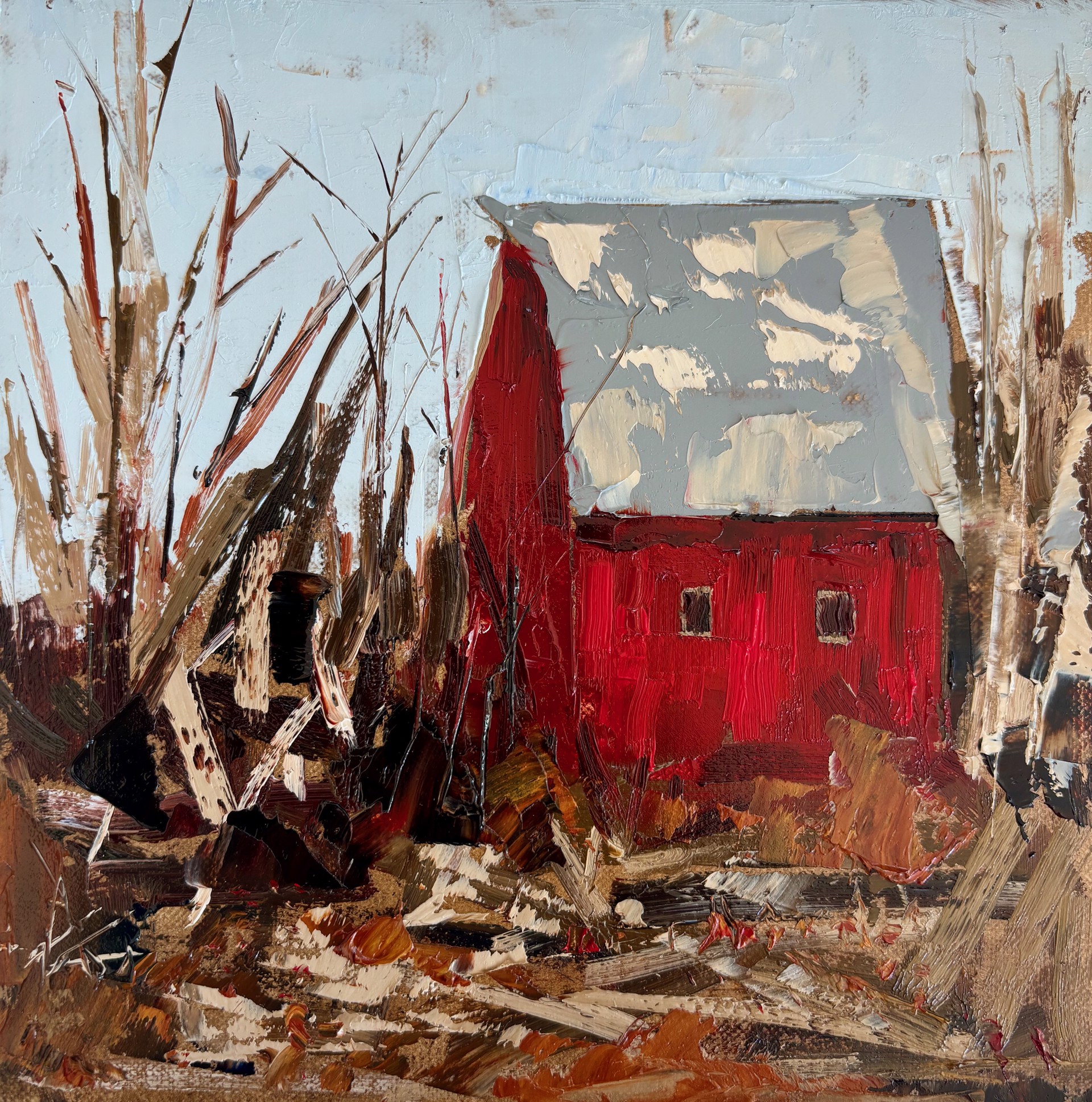 A painting of a red barn in the middle of a field.