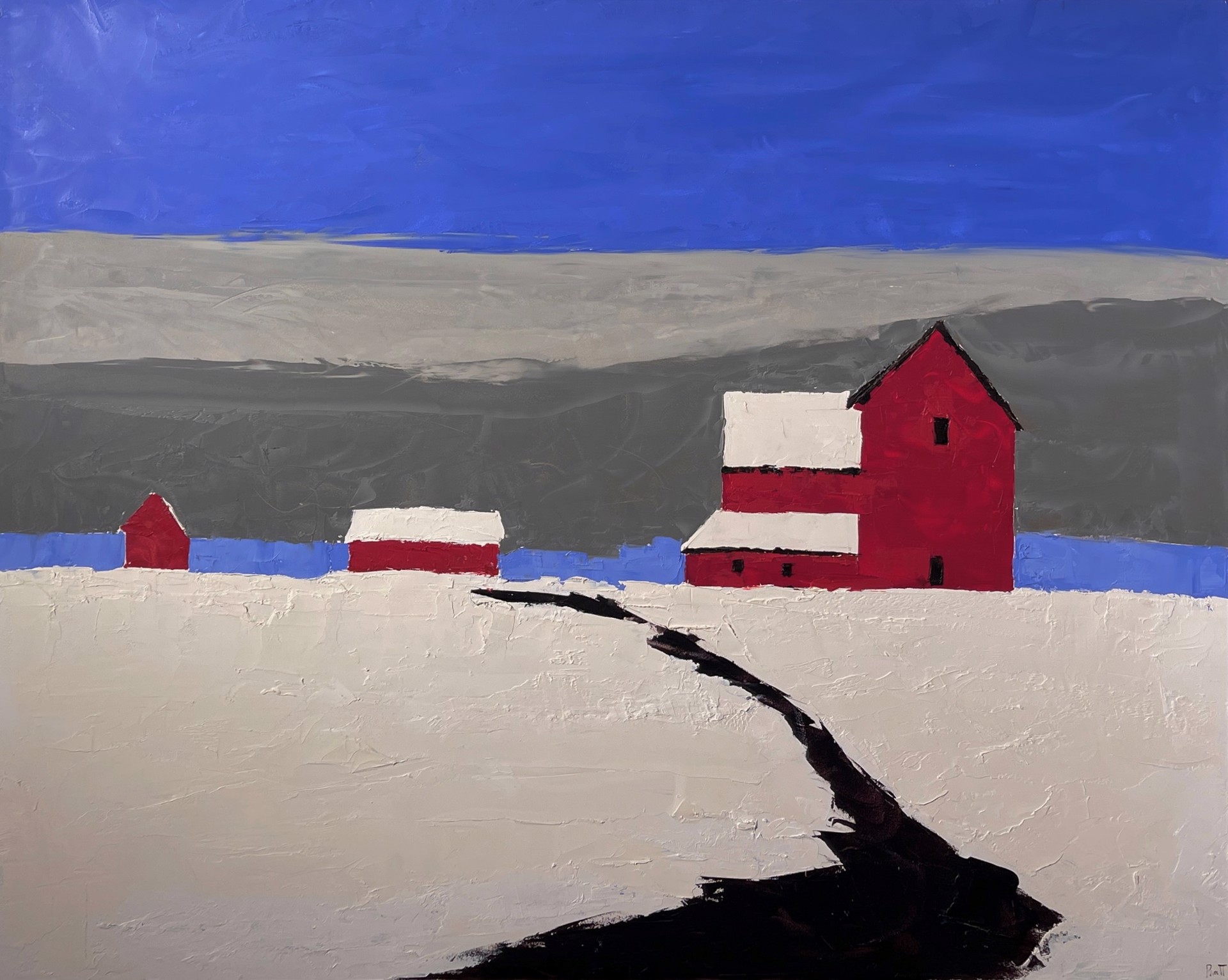 A painting of a red barn in the middle of a snowy field.