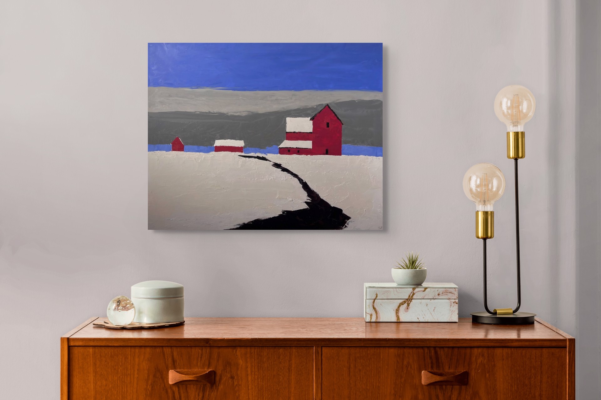 A painting of a red barn in the middle of a snowy field.