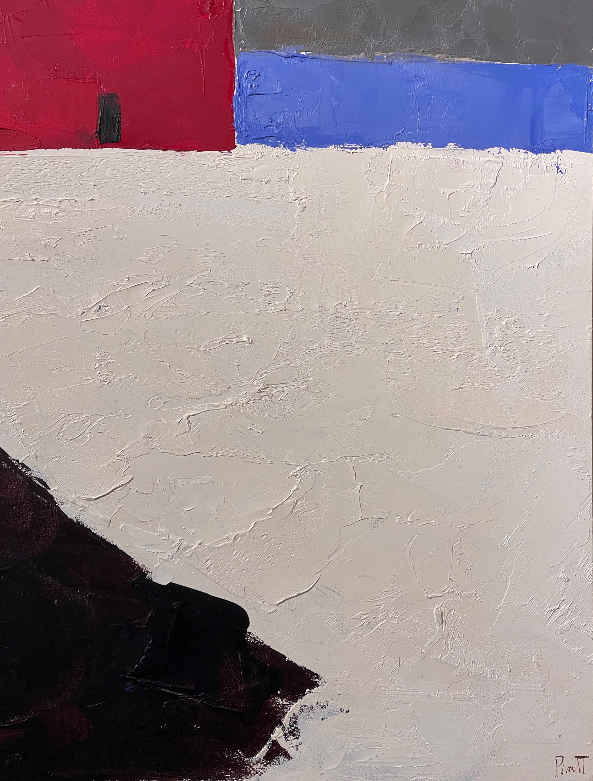 A painting of a red barn in the middle of a snowy field.