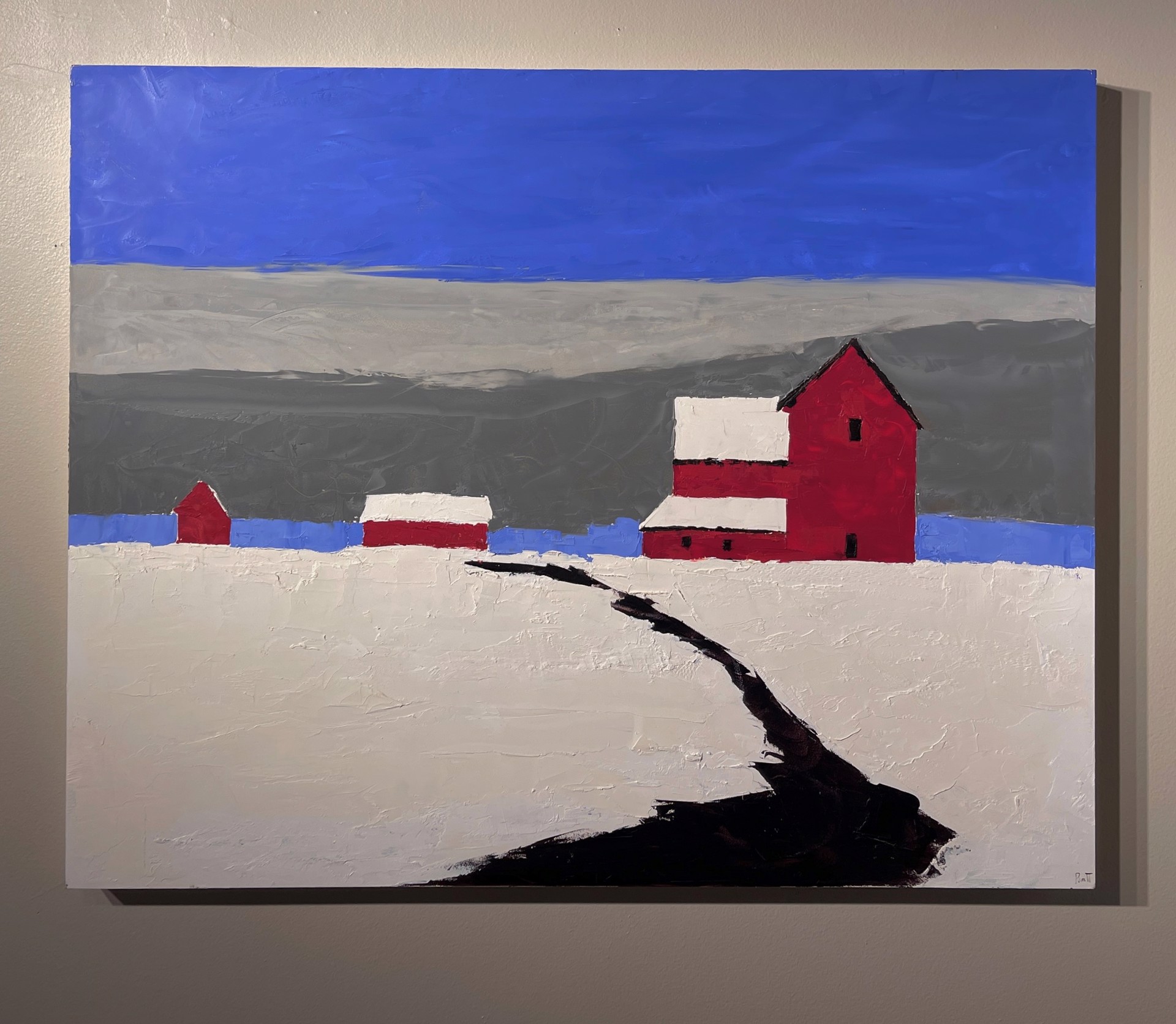 A painting of a red barn in the middle of a snowy field.