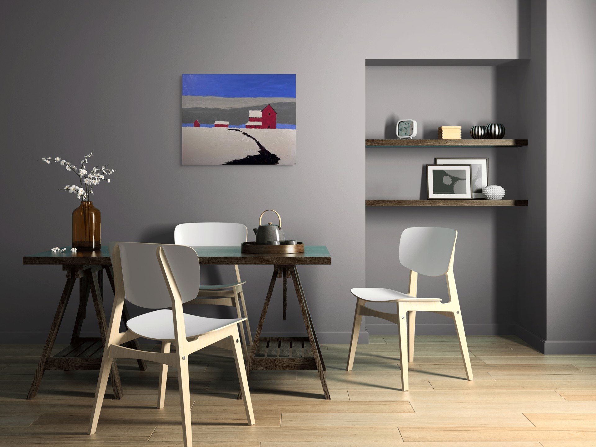 A painting of a red barn in the middle of a snowy field.