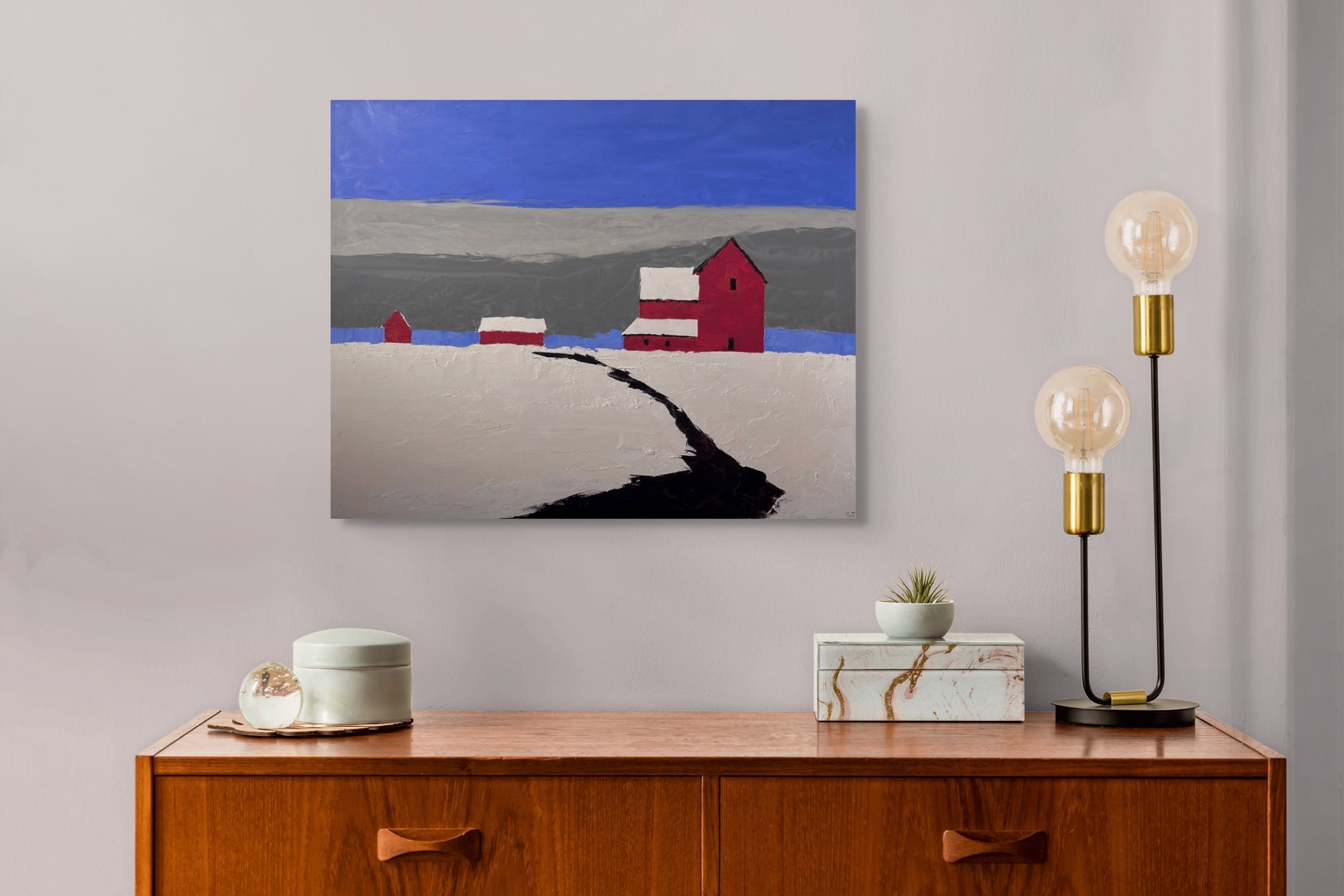 A painting of a red barn in the middle of a snowy field.