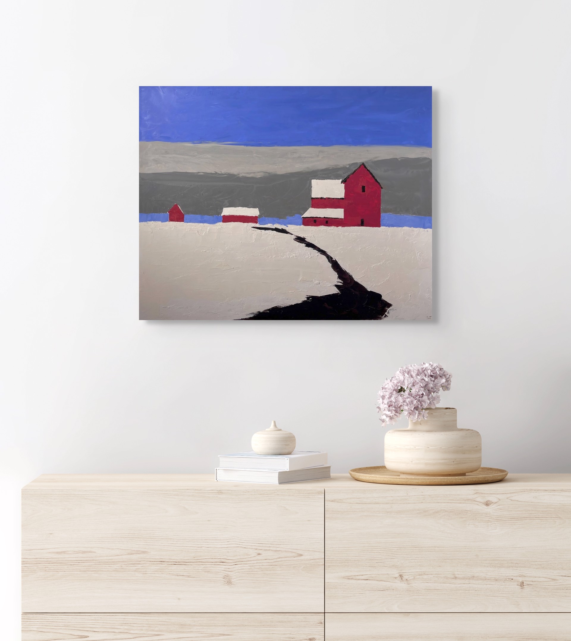 A painting of a red barn in the middle of a snowy field.