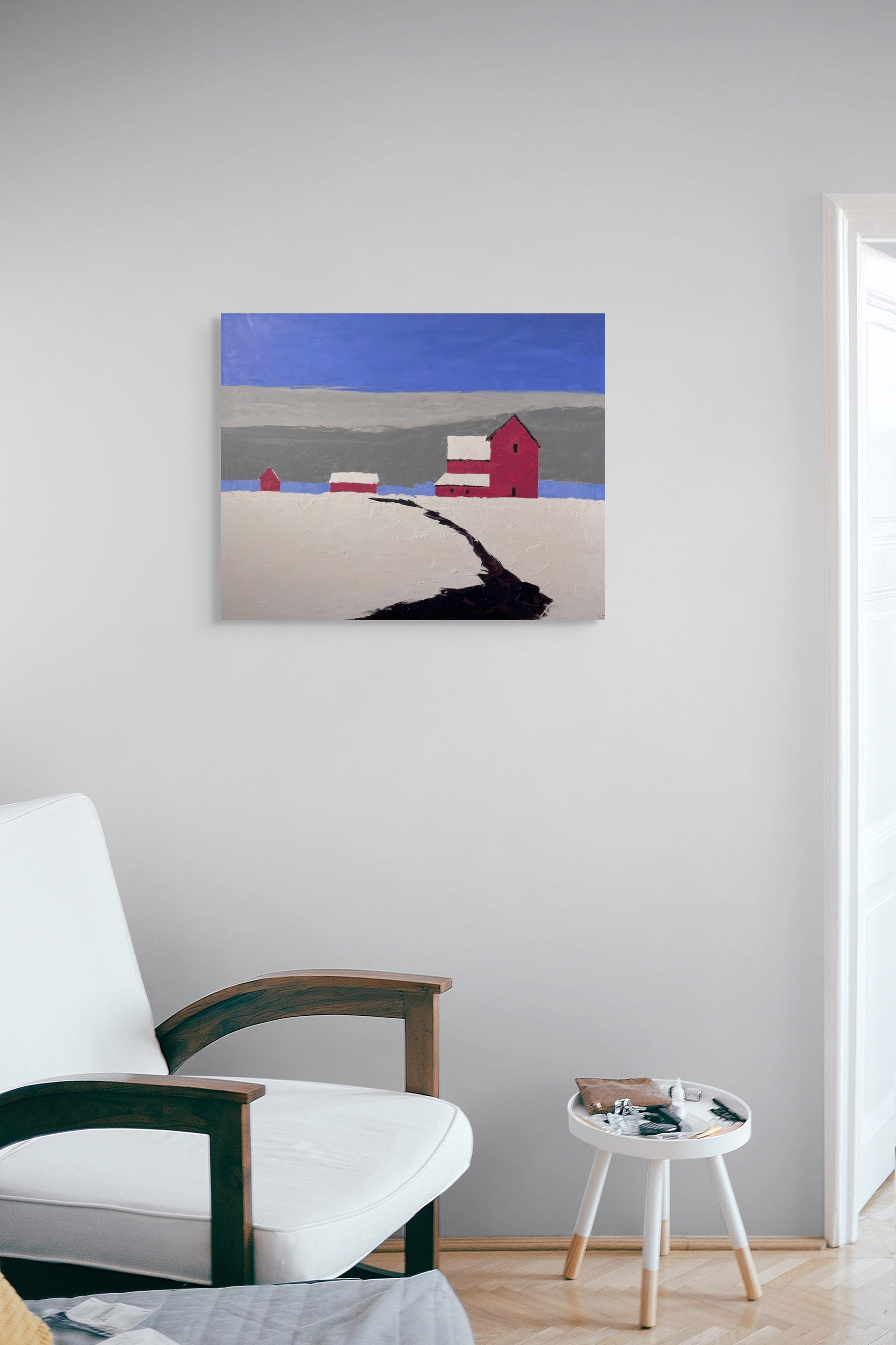 A painting of a red barn in the middle of a snowy field.