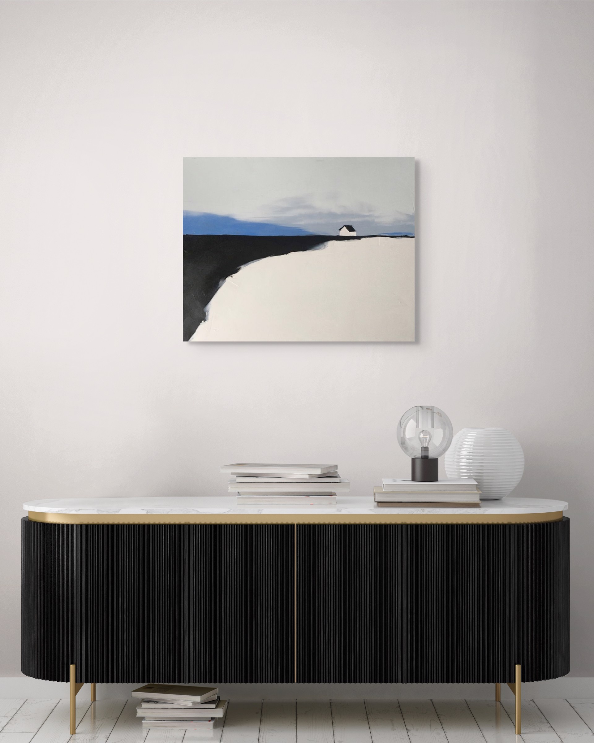 A painting of a white house on a hill.