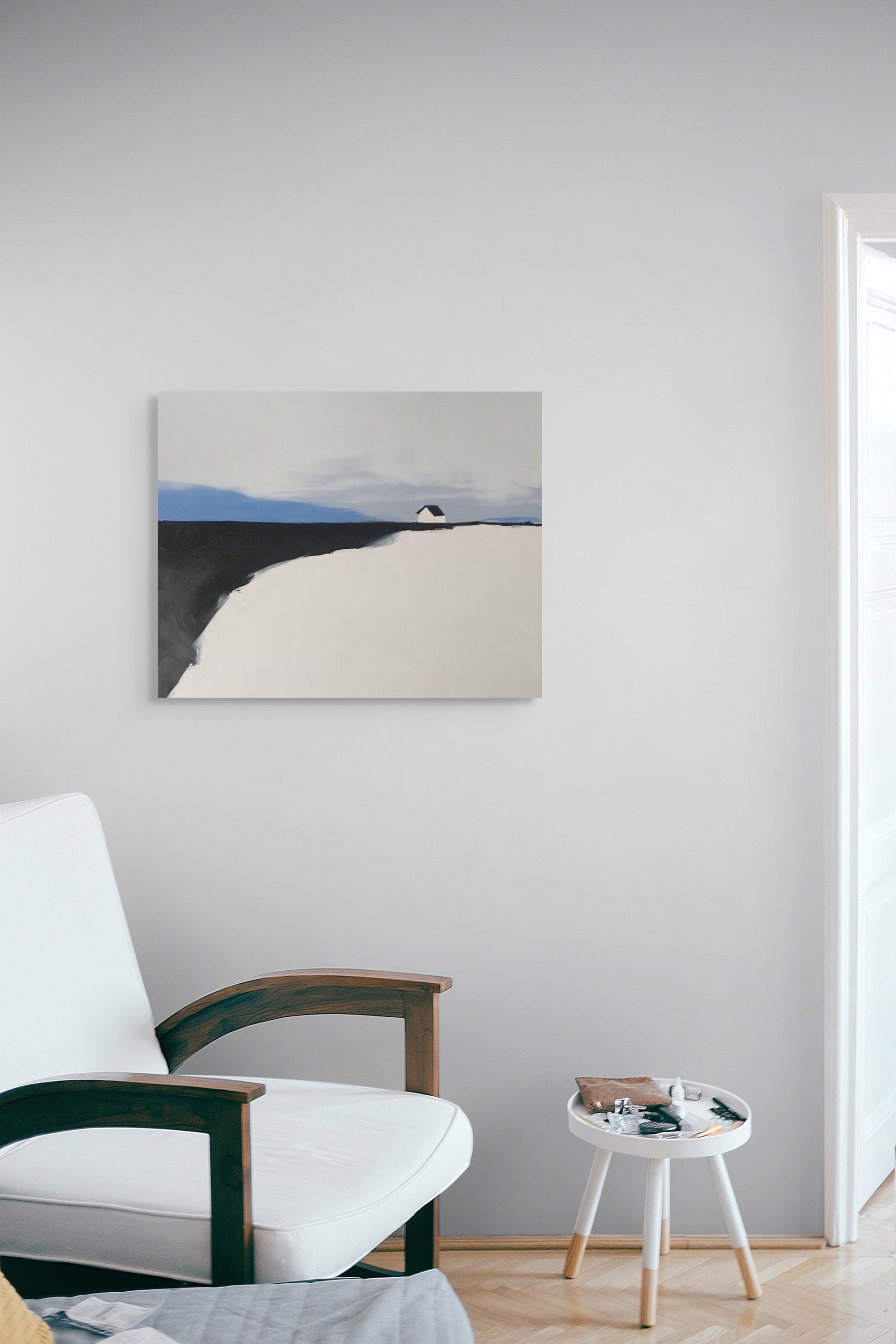 A painting of a white house on a hill.