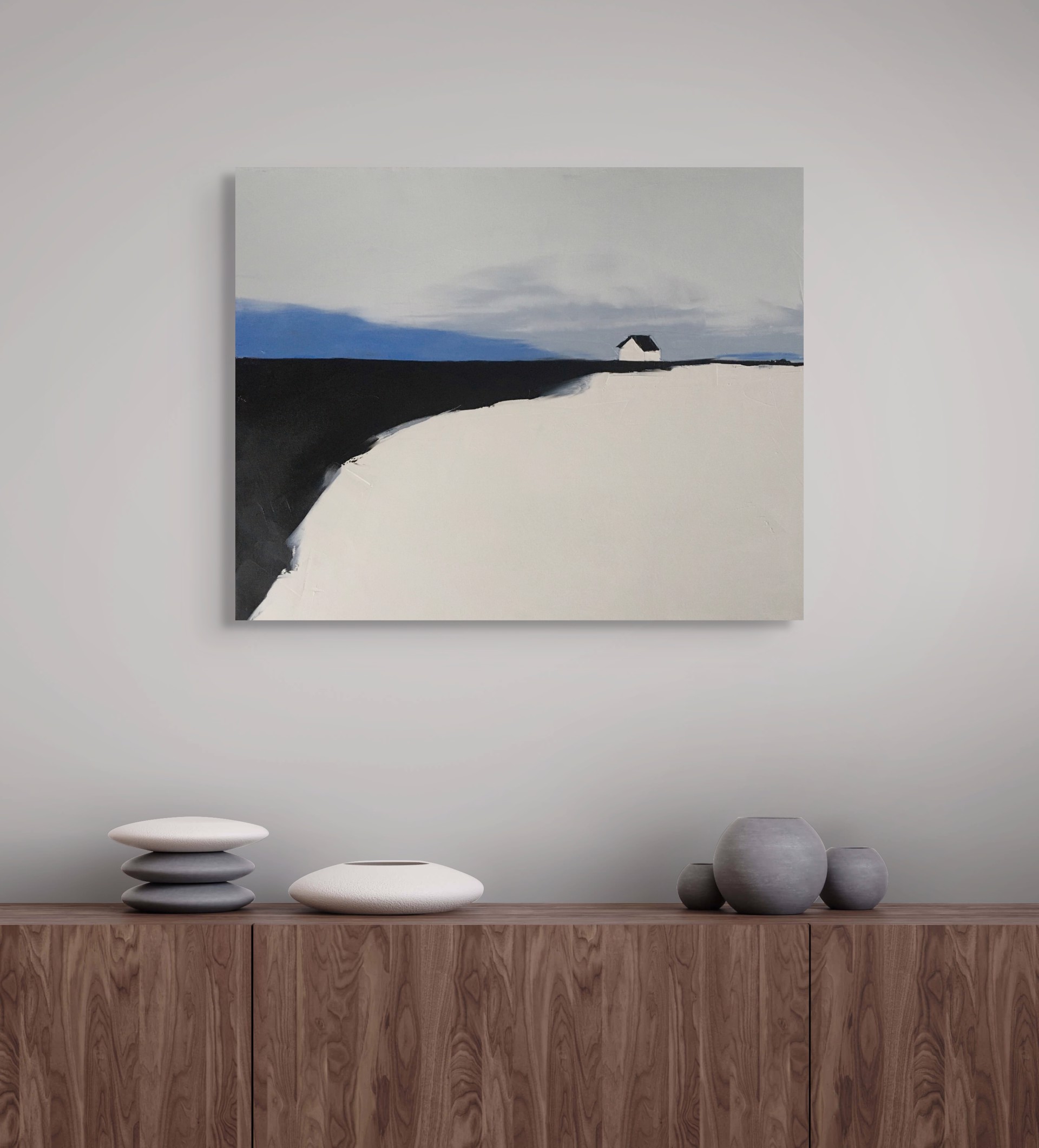 A painting of a white house on a hill.