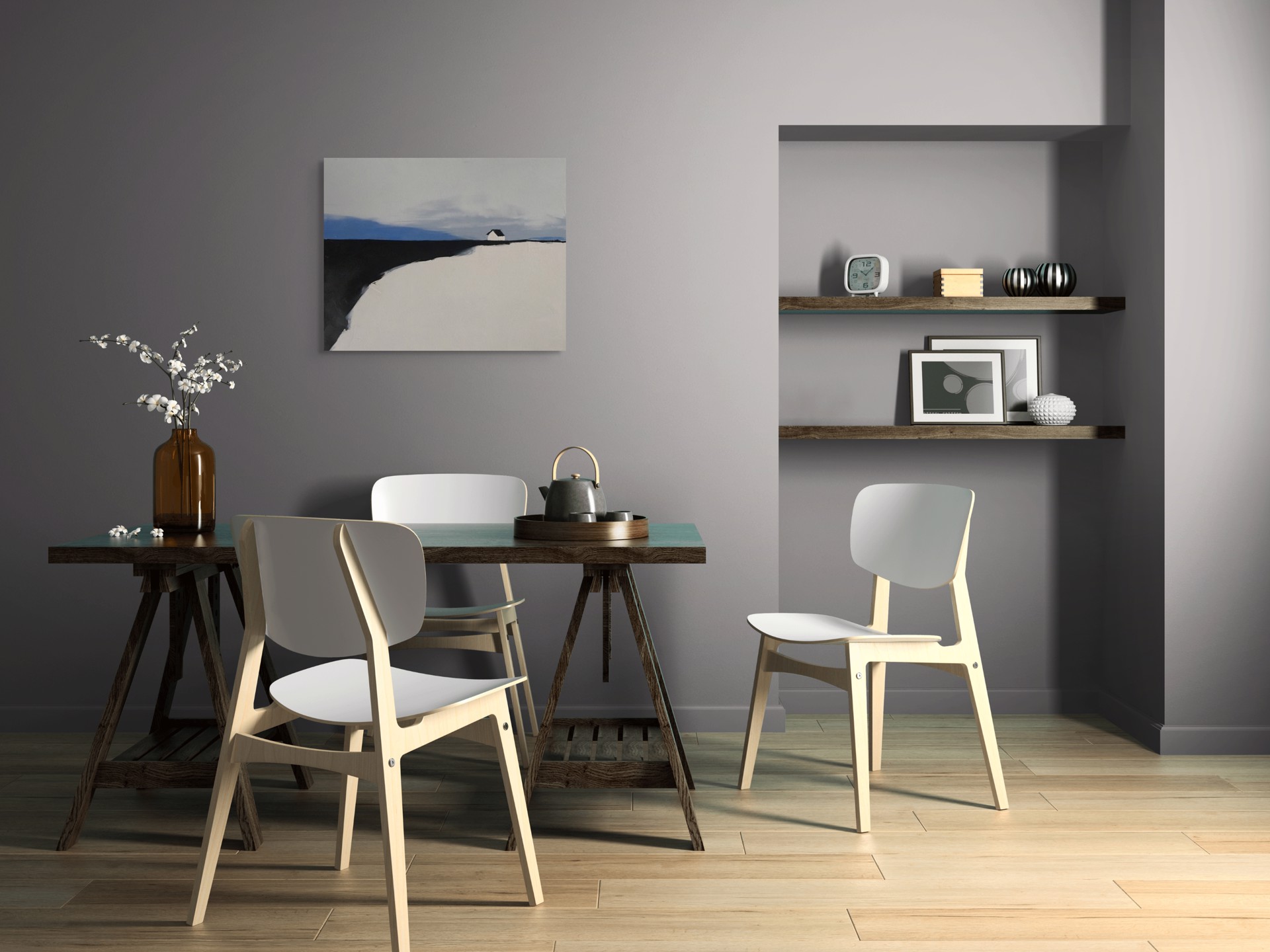 A painting of a white house on a hill.