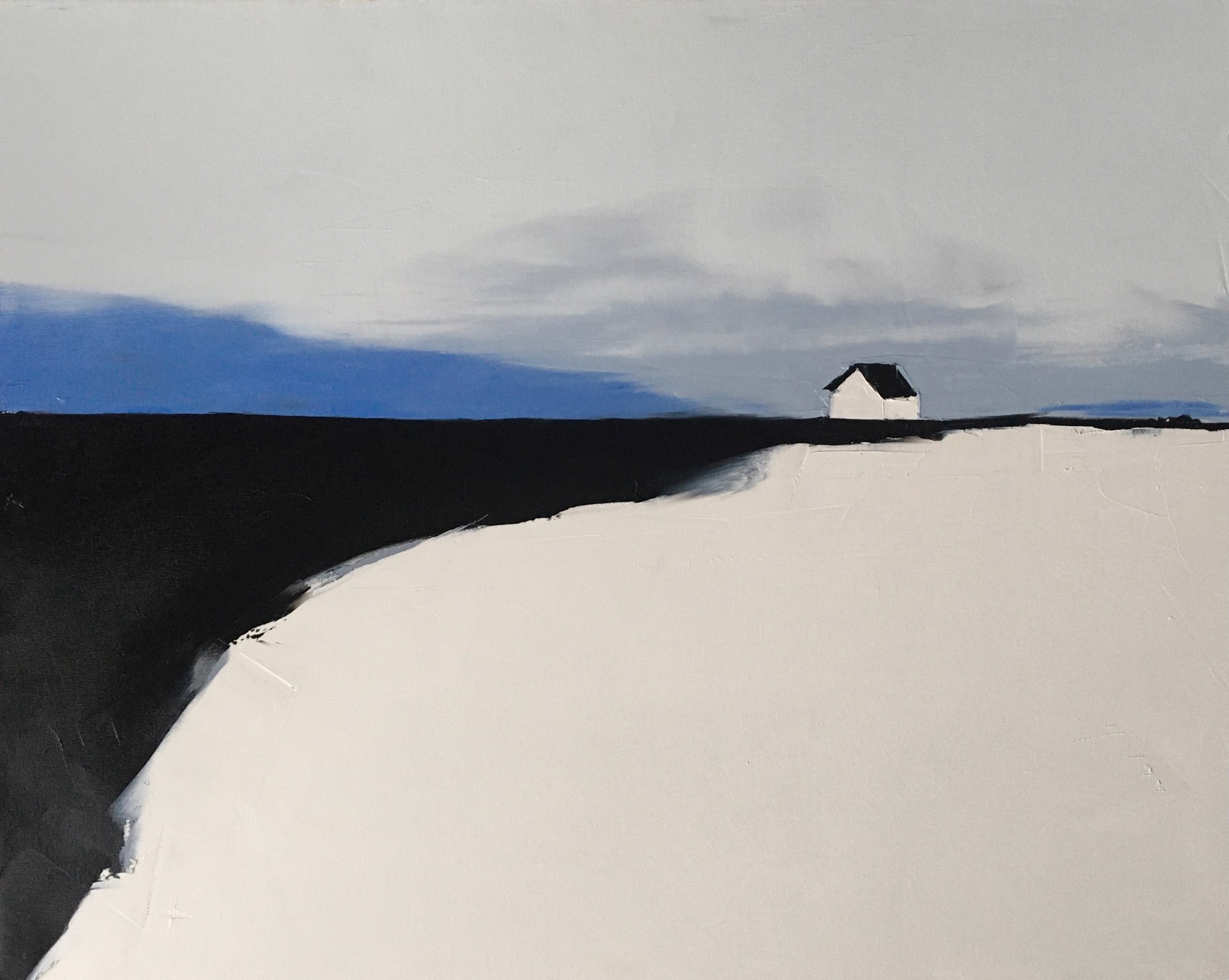 A painting of a white house on a hill.