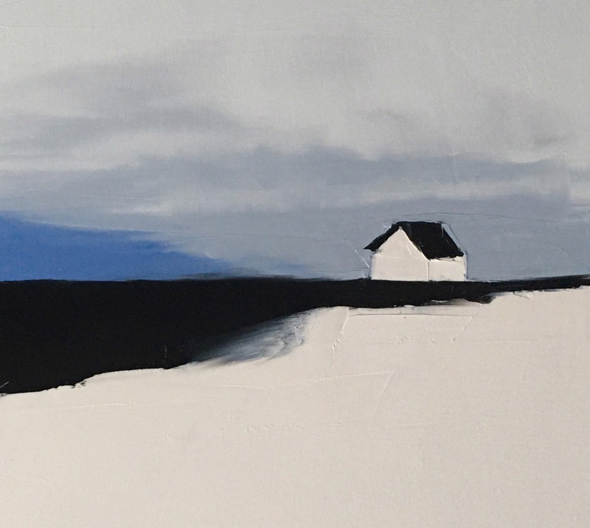 A painting of a white house on a hill.