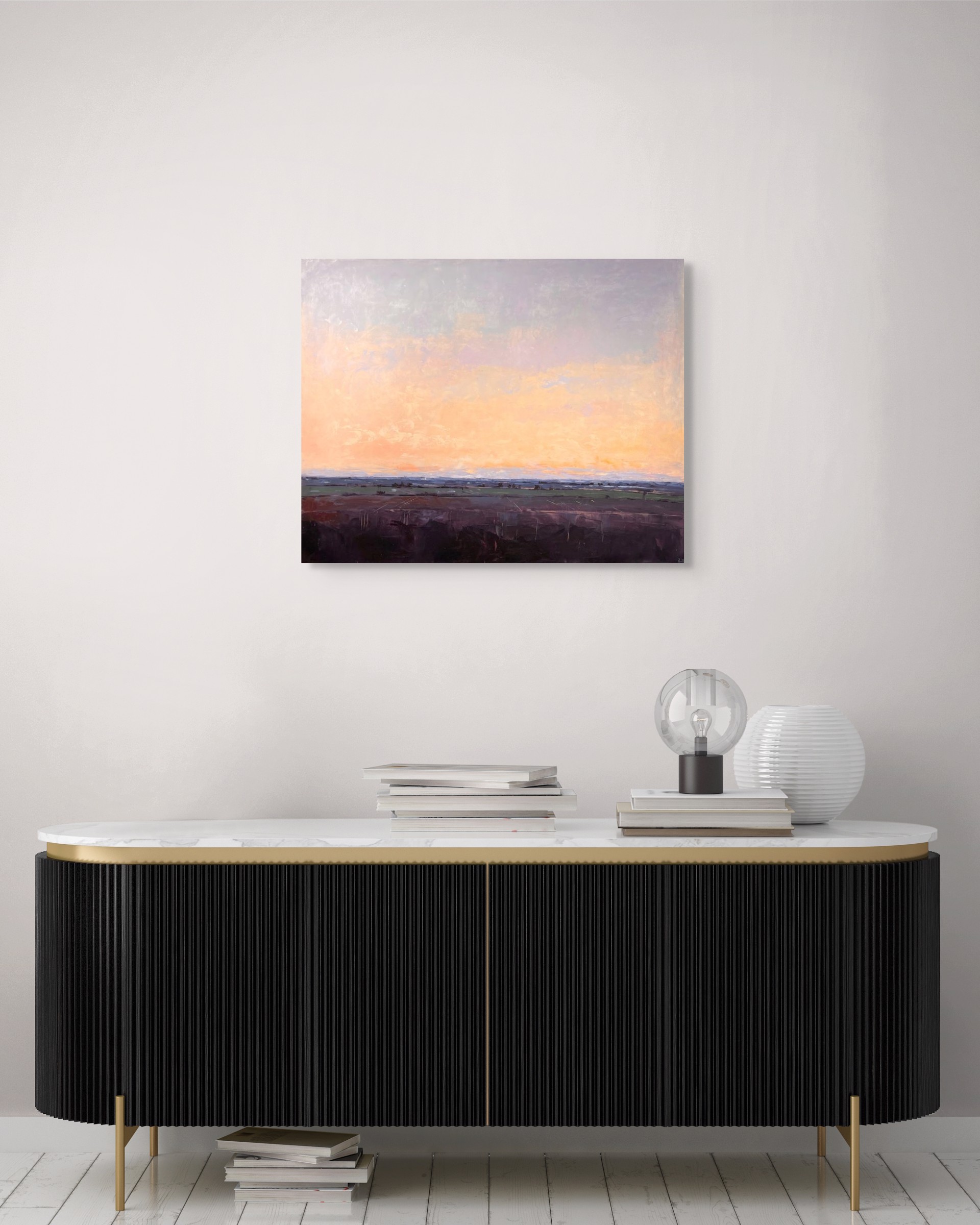 A painting of a sunset over a field. 