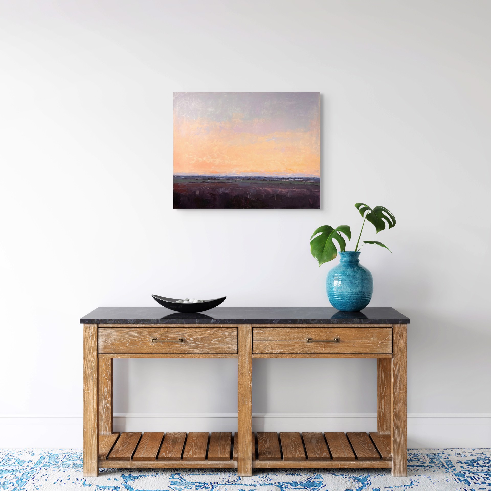 A painting of a sunset over a field. 