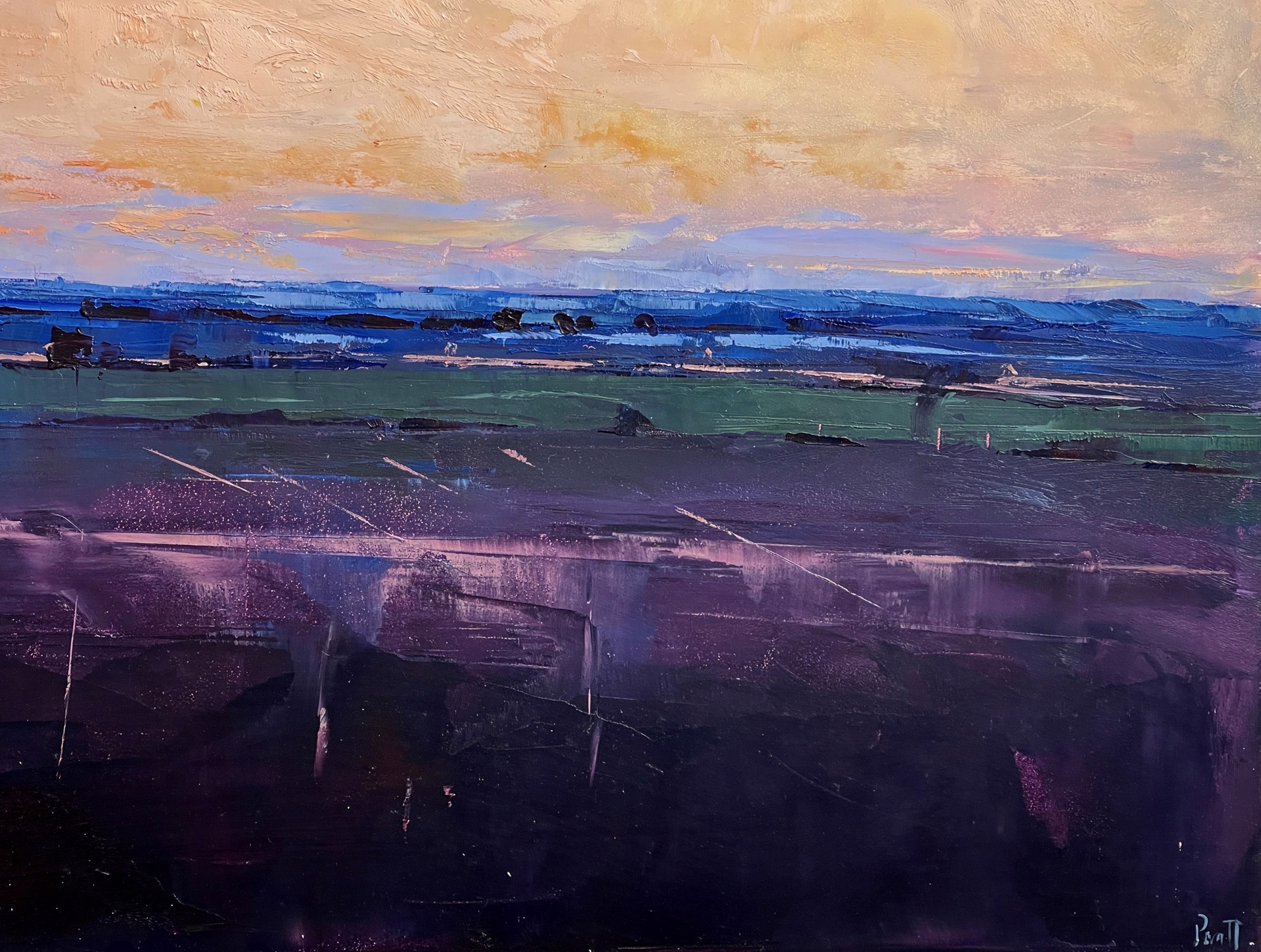 A painting of a sunset over a field. 