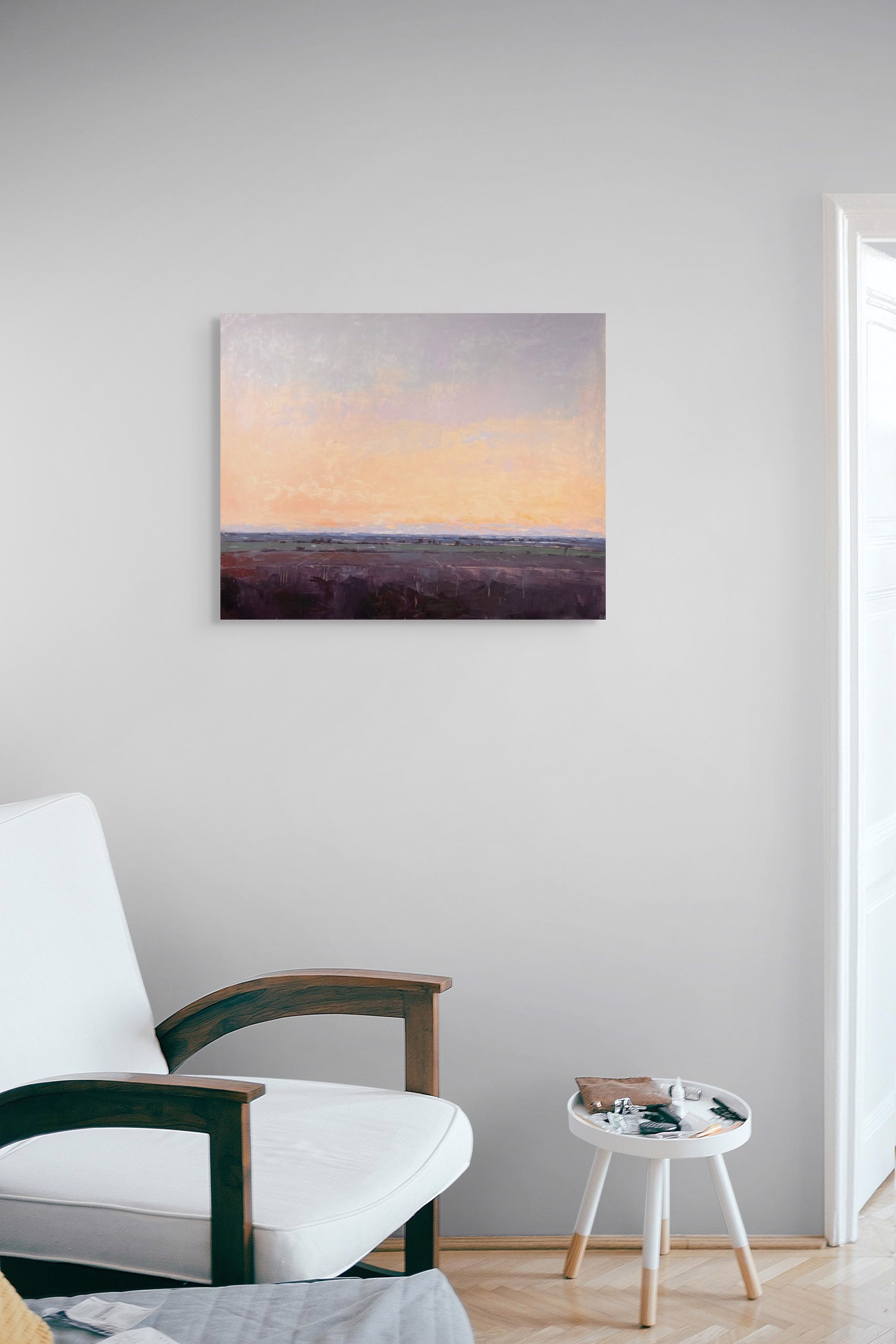 A painting of a sunset over a field. 