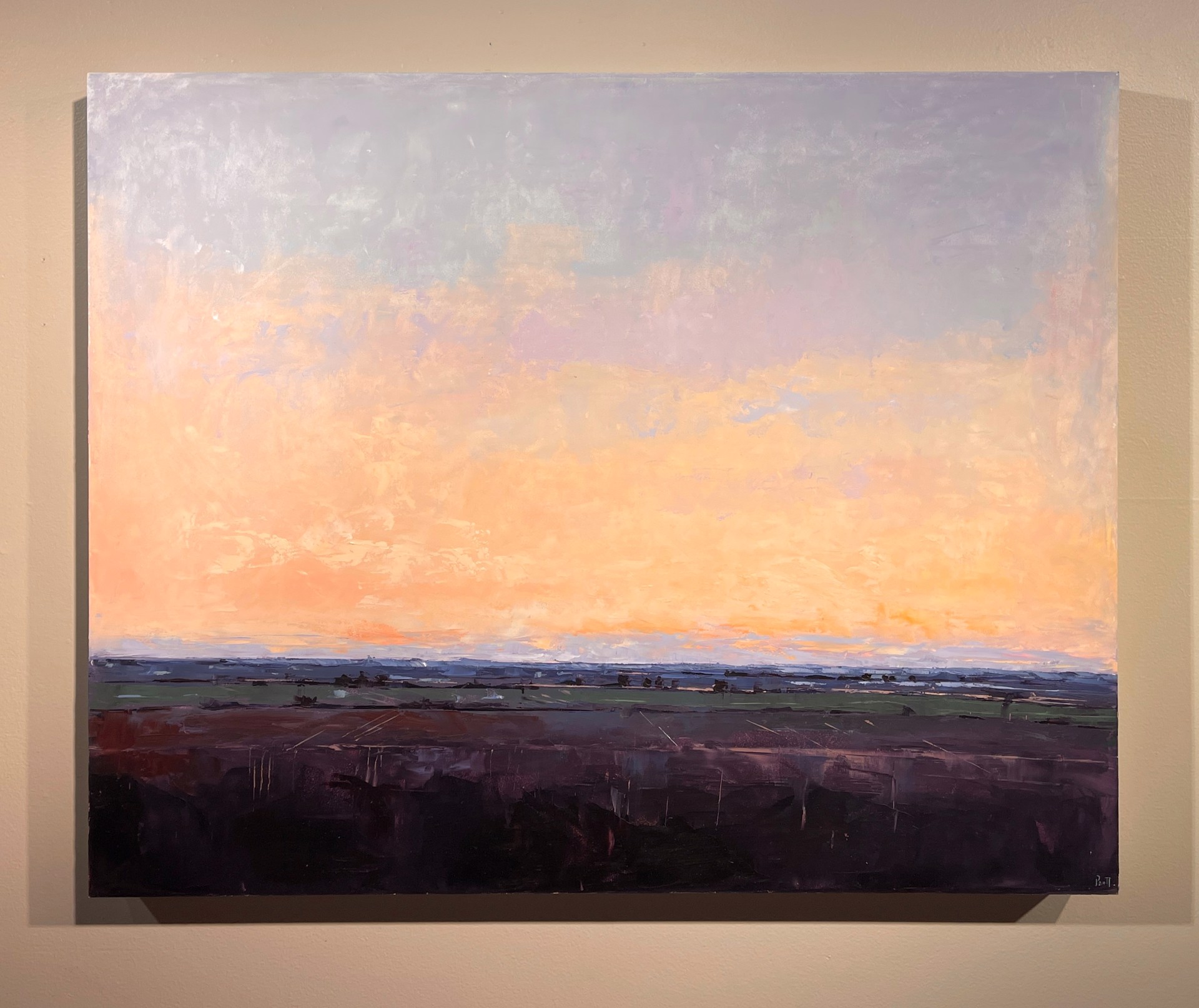 A painting of a sunset over a field. 