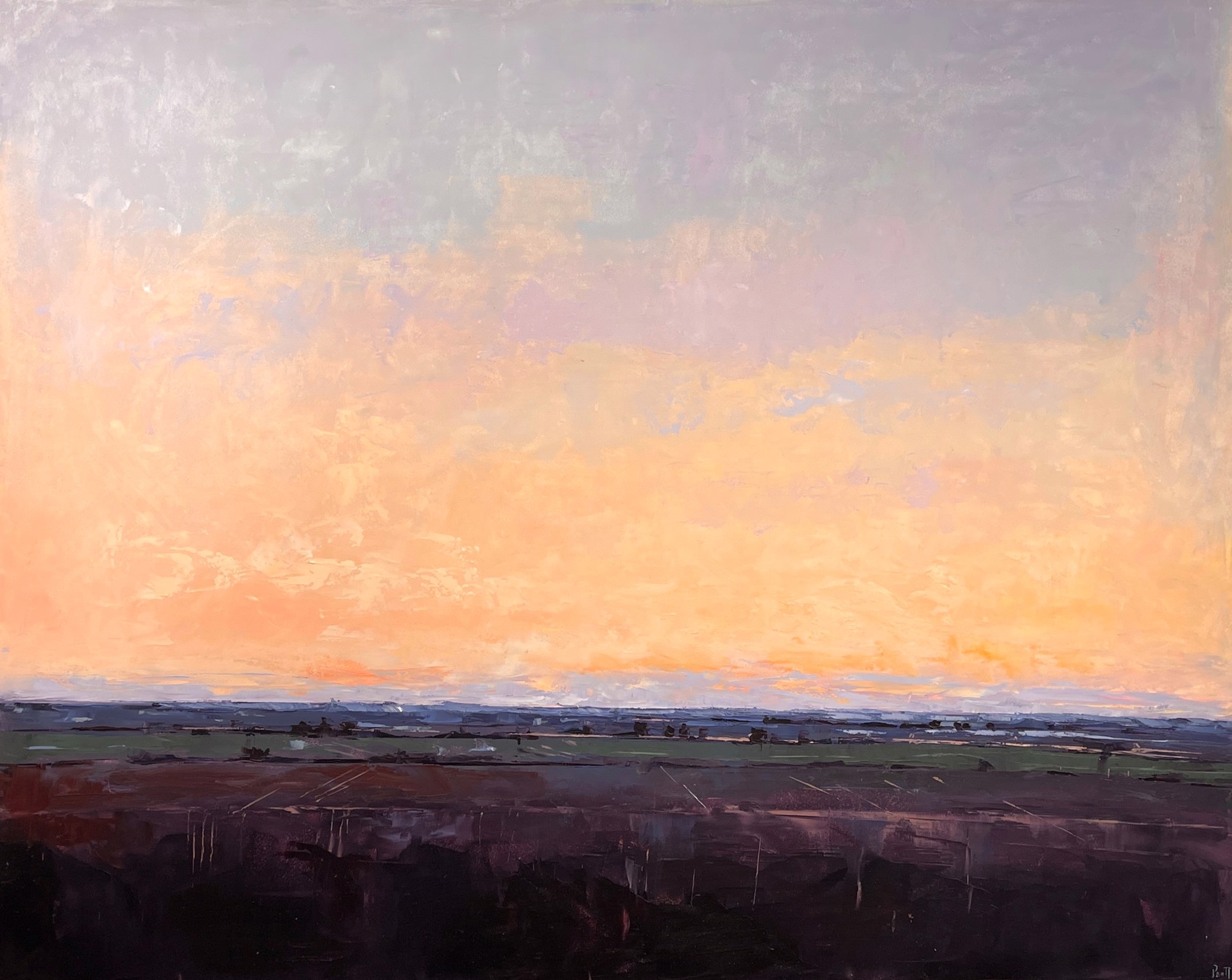 A painting of a sunset over a field. 