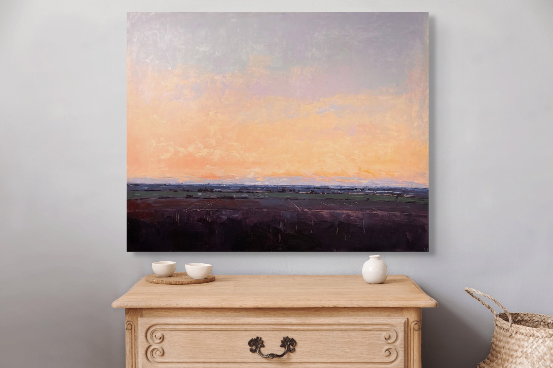A painting of a sunset over a field. 