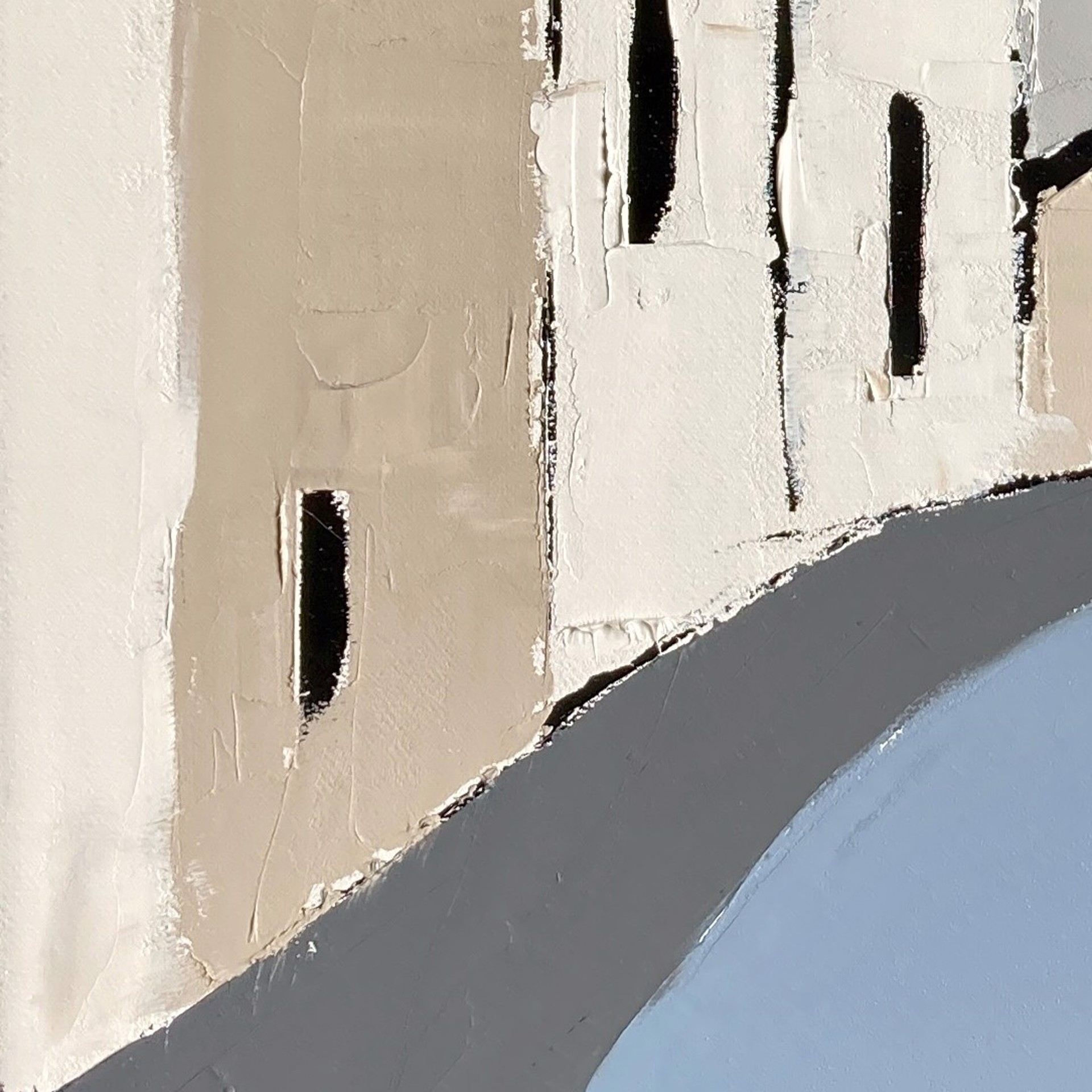 A painting of a street with houses in the background.