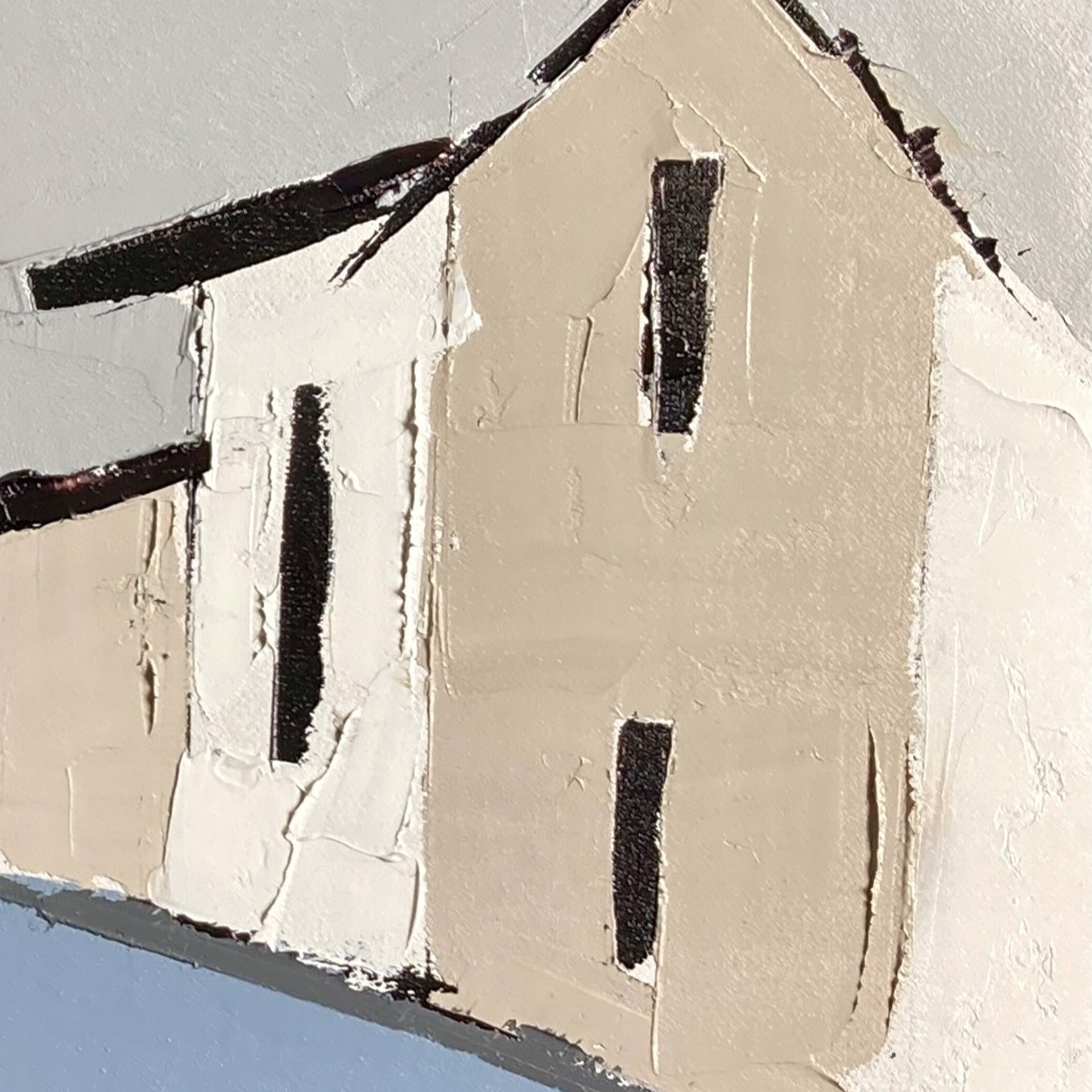 A painting of a street with houses in the background.