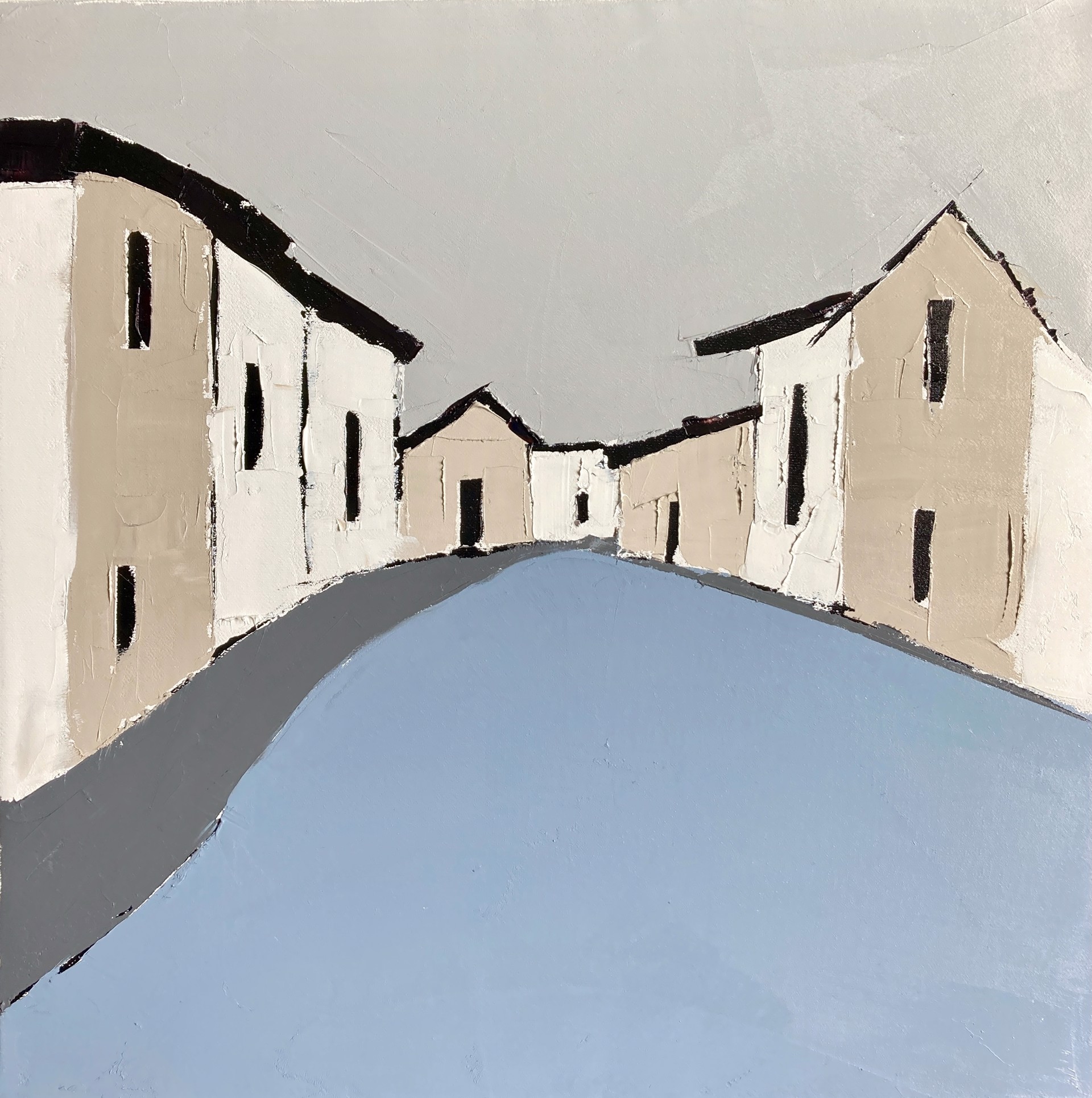 A painting of a street with houses in the background.