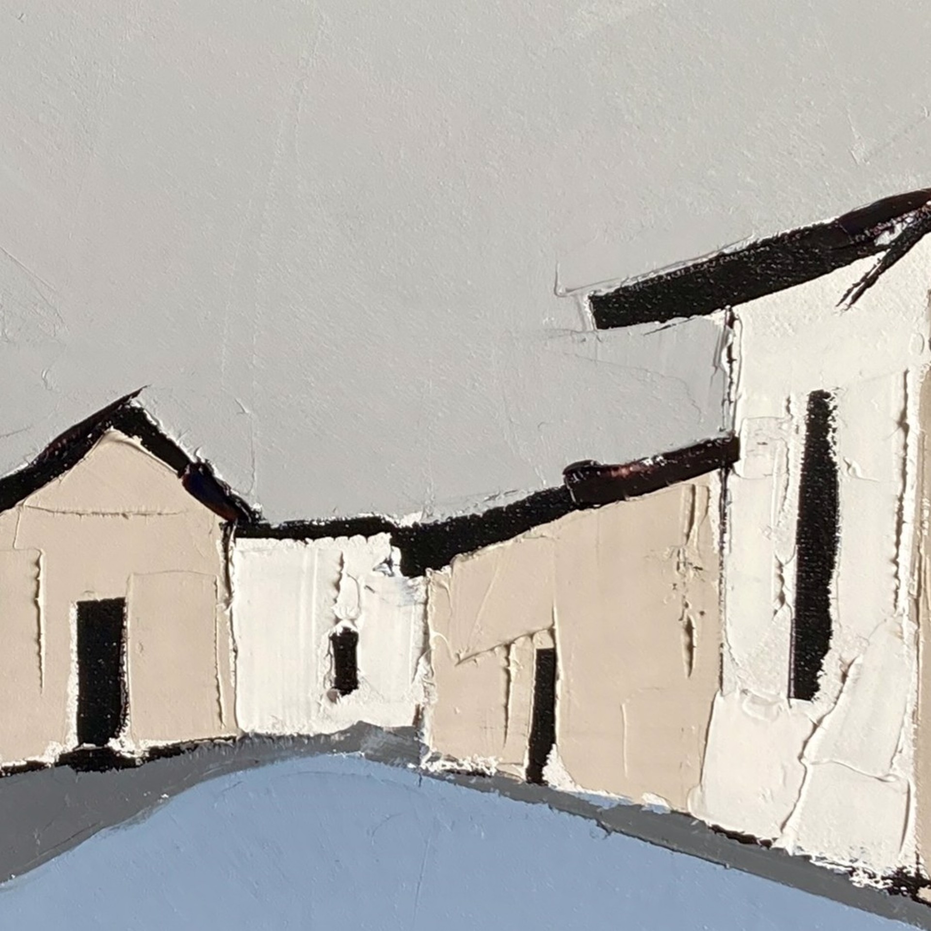 A painting of a street with houses in the background.