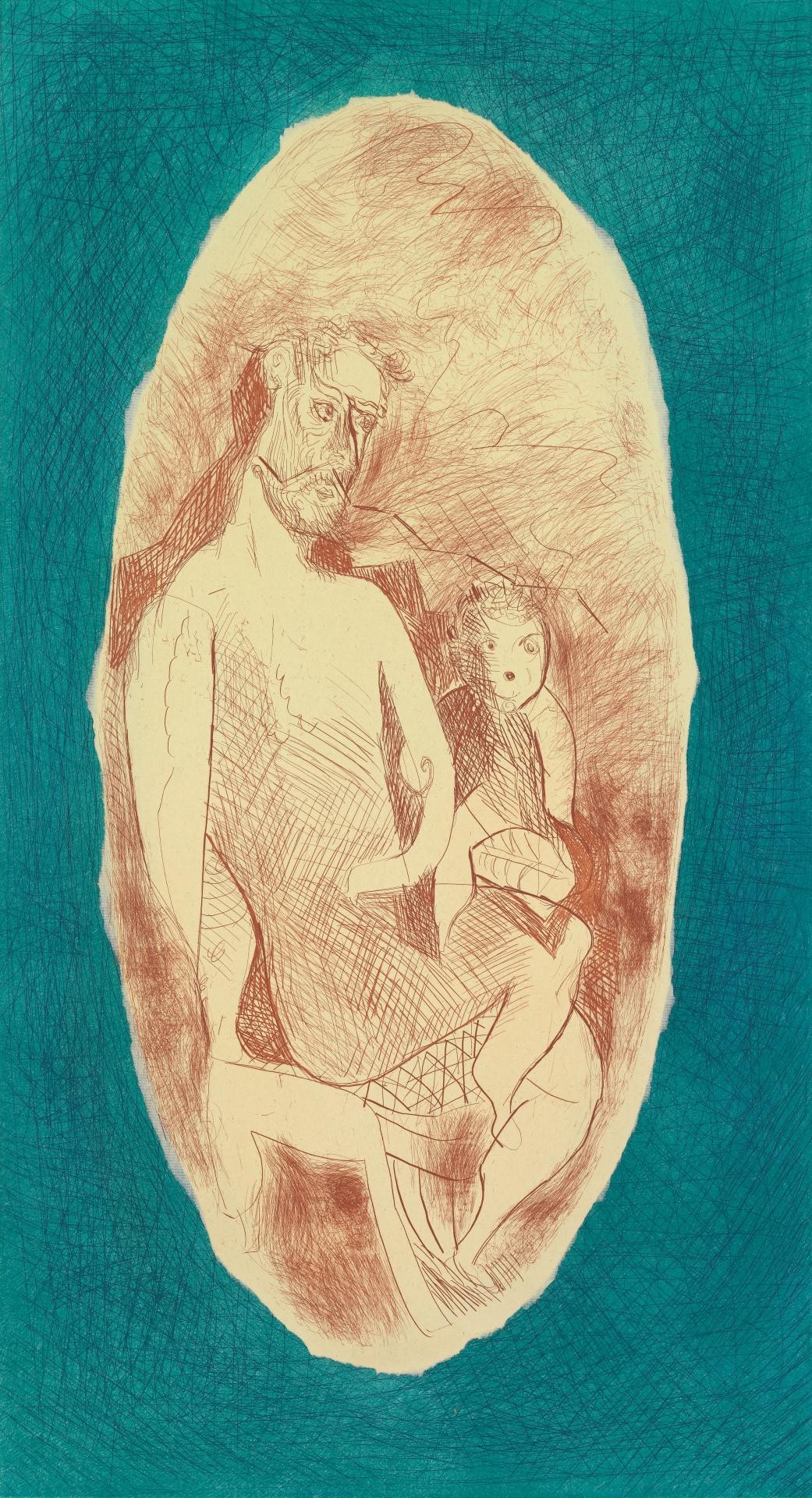 A drawing of a man holding a child in his lap.