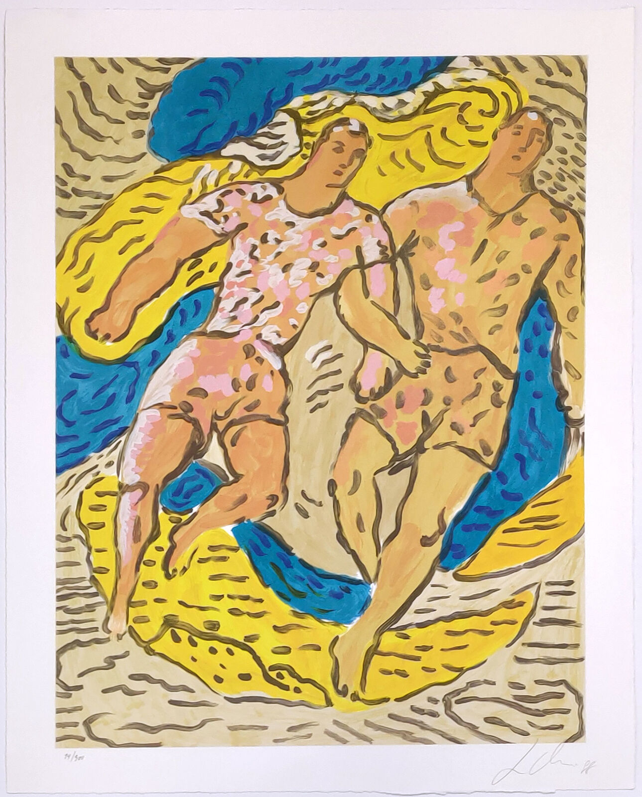 A painting of two naked men on a beach. 