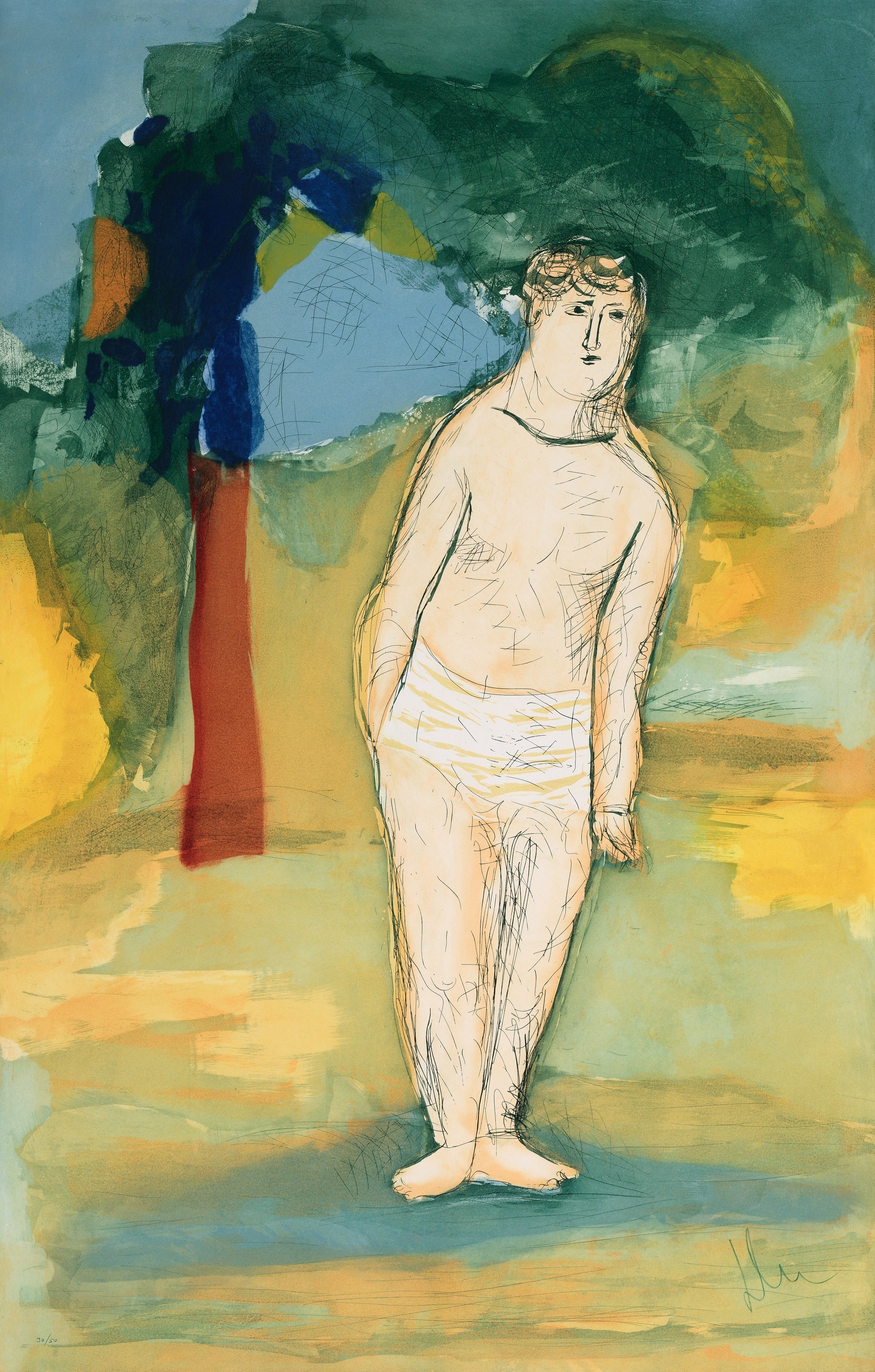 A drawing of a man standing in front of a tree.