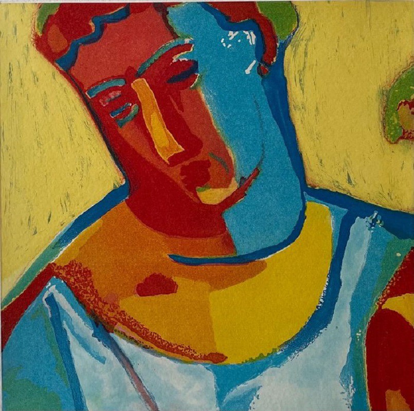 A painting of a man with his head in his hands.