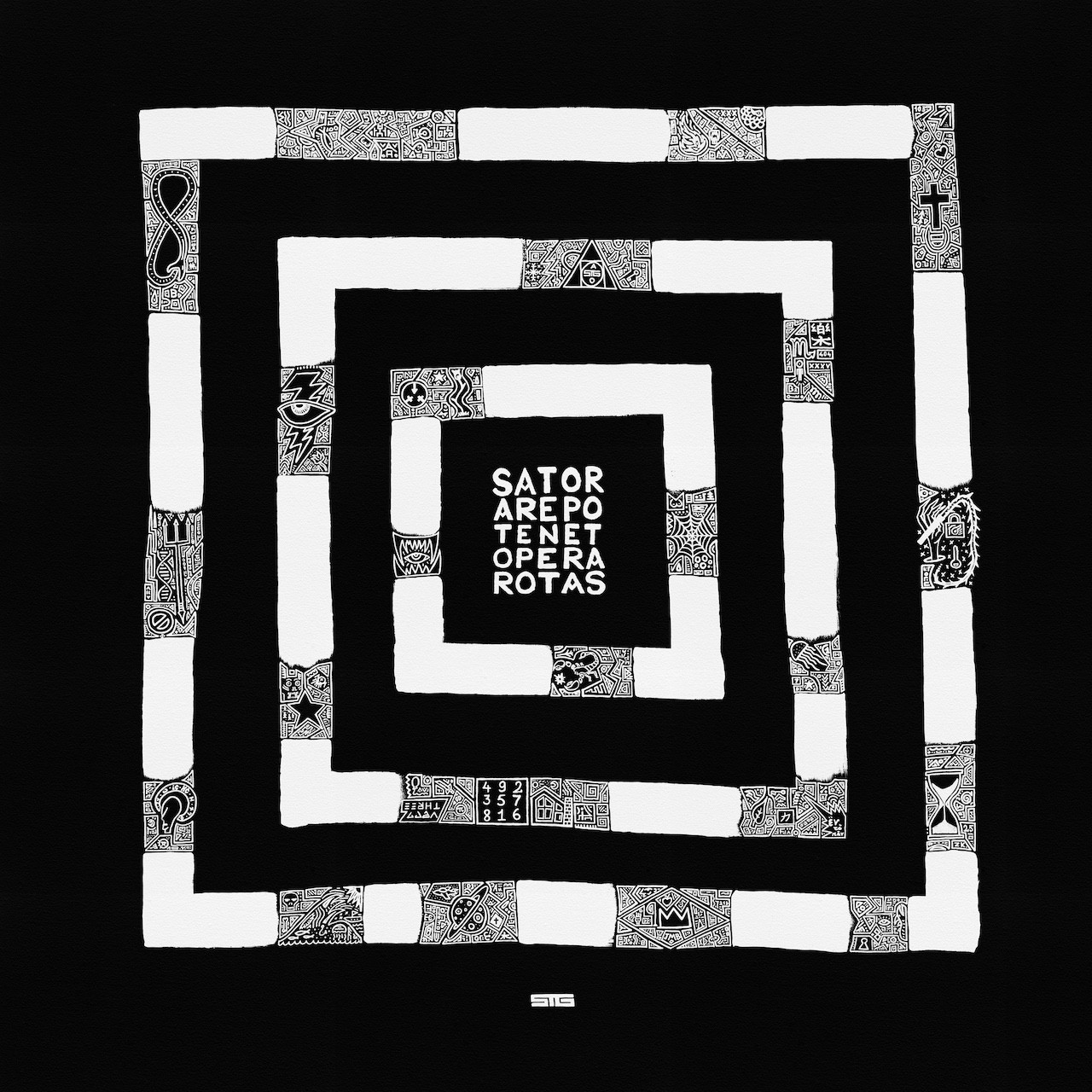 A black-and-white graphic design featuring concentric square frames with intricate patterns and central text.
