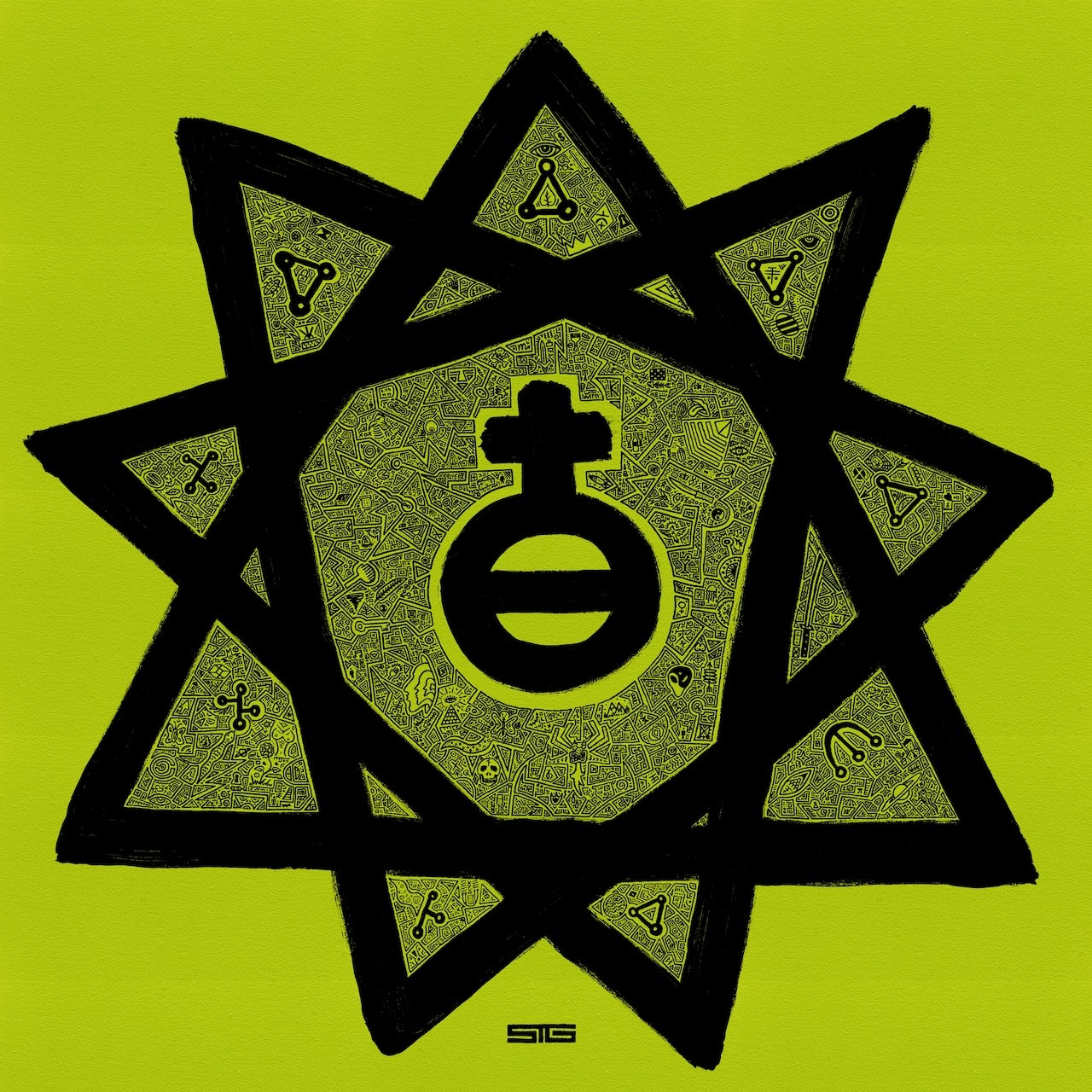 A bold graphic design featuring a central symbol surrounded by a star-like pattern on a bright green background.