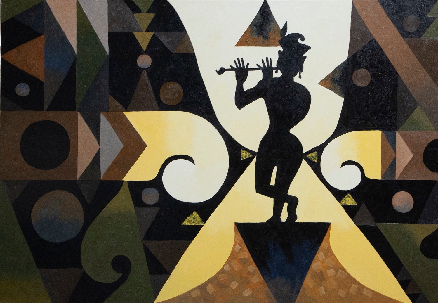 A painting of a man playing a flute in front of a mountain.