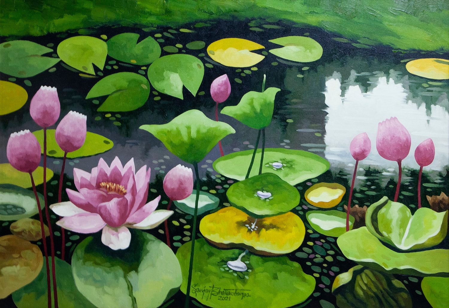 A painting of pink water lilies in a pond with lily pads.