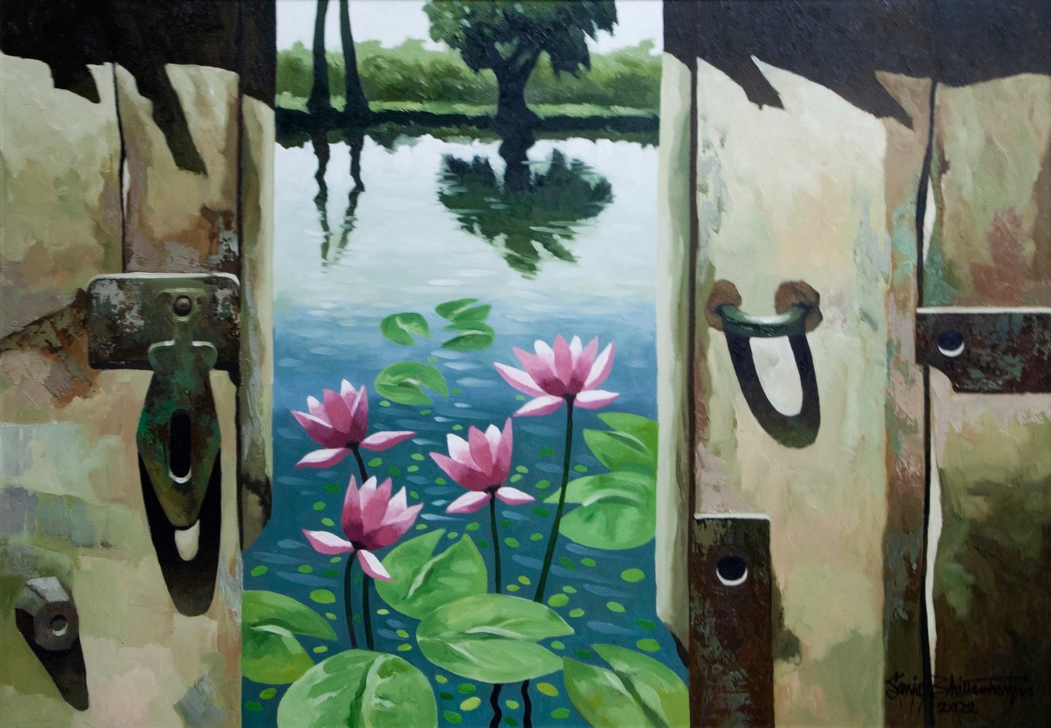 A painting of pink water lilies in front of a pond.