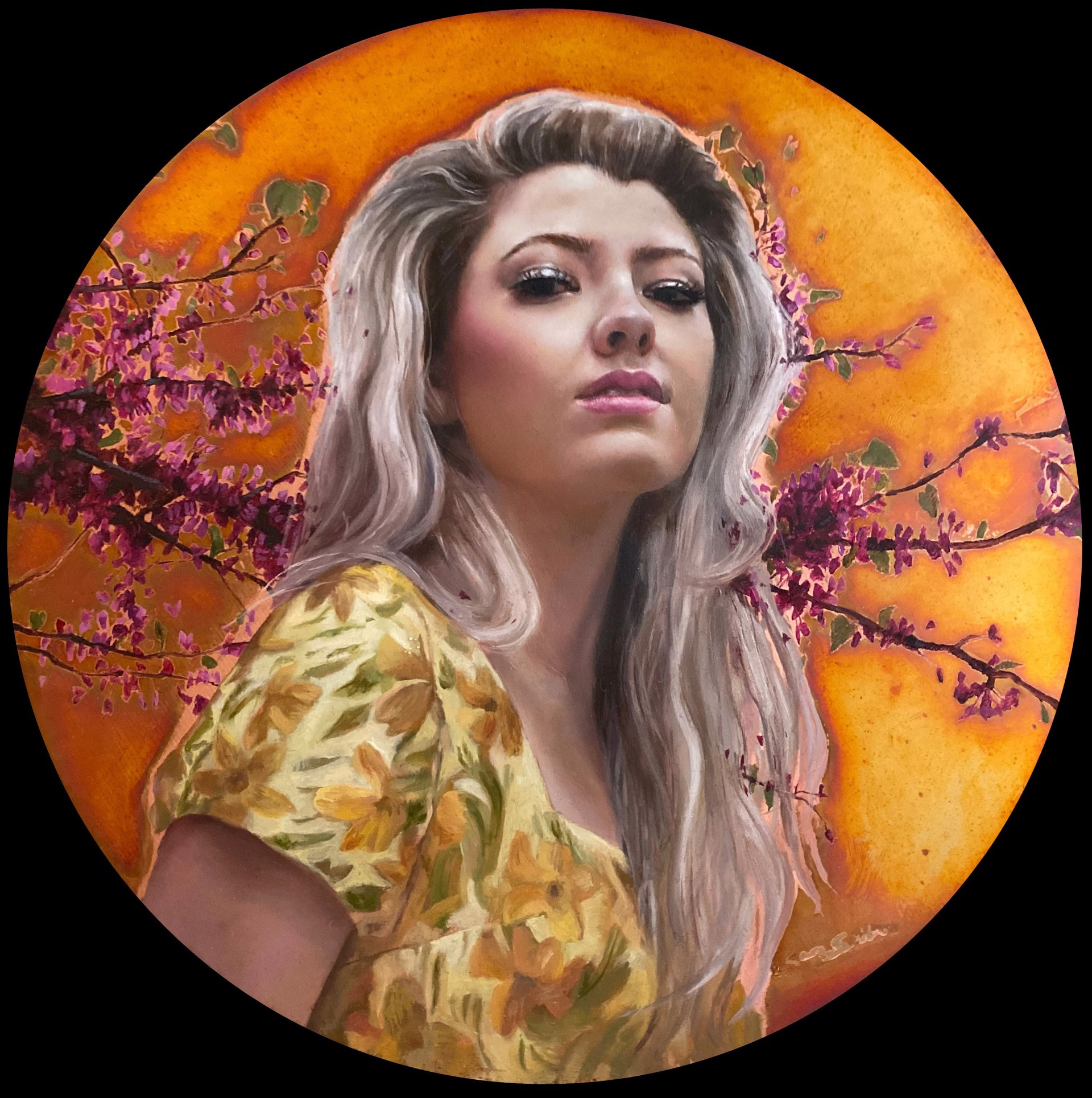 A painting of a woman with long blonde hair in a yellow dress.