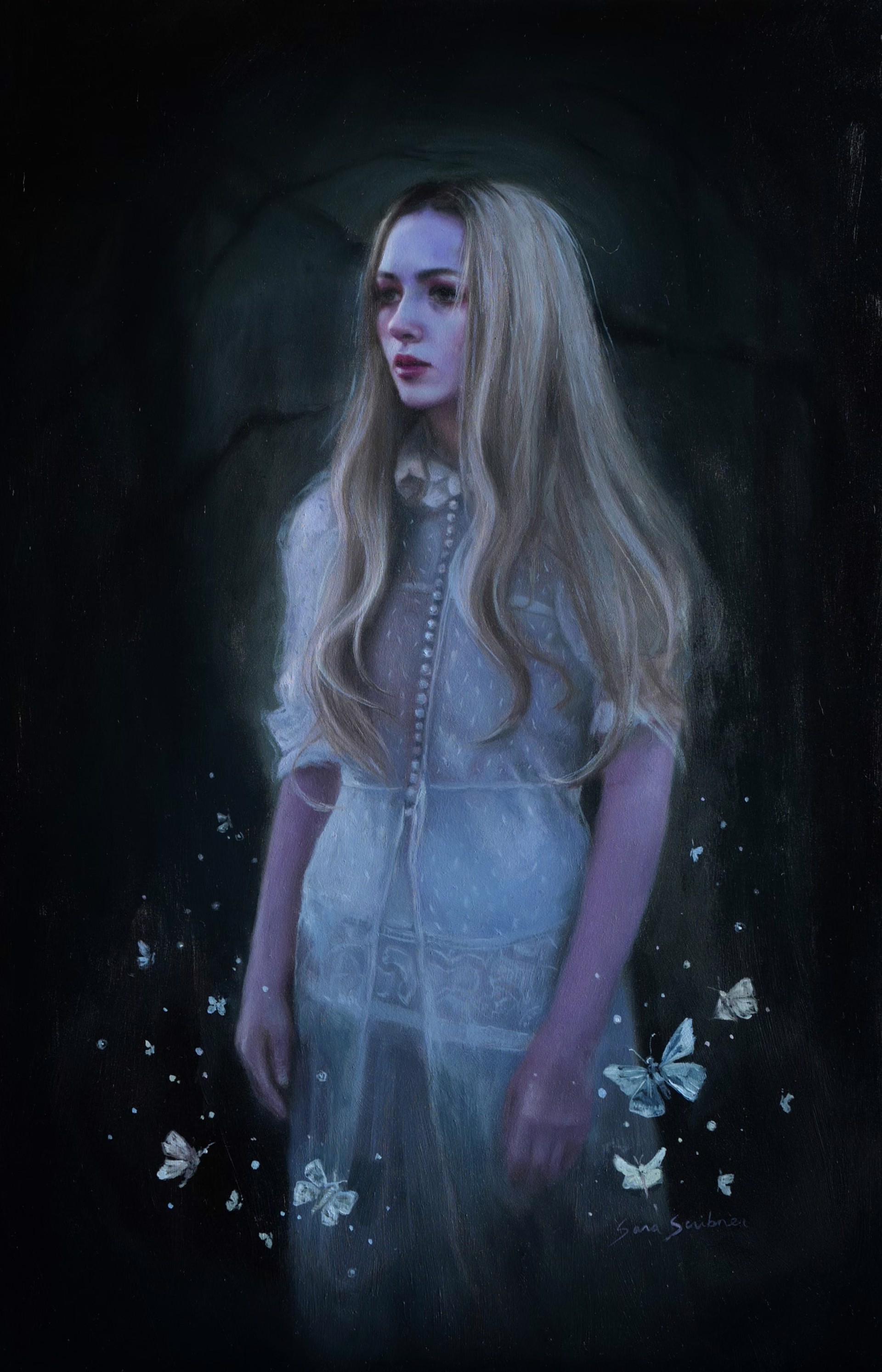 "A pale figure in a white dress stands solemnly amidst floating butterflies against a dark, cavernous background."