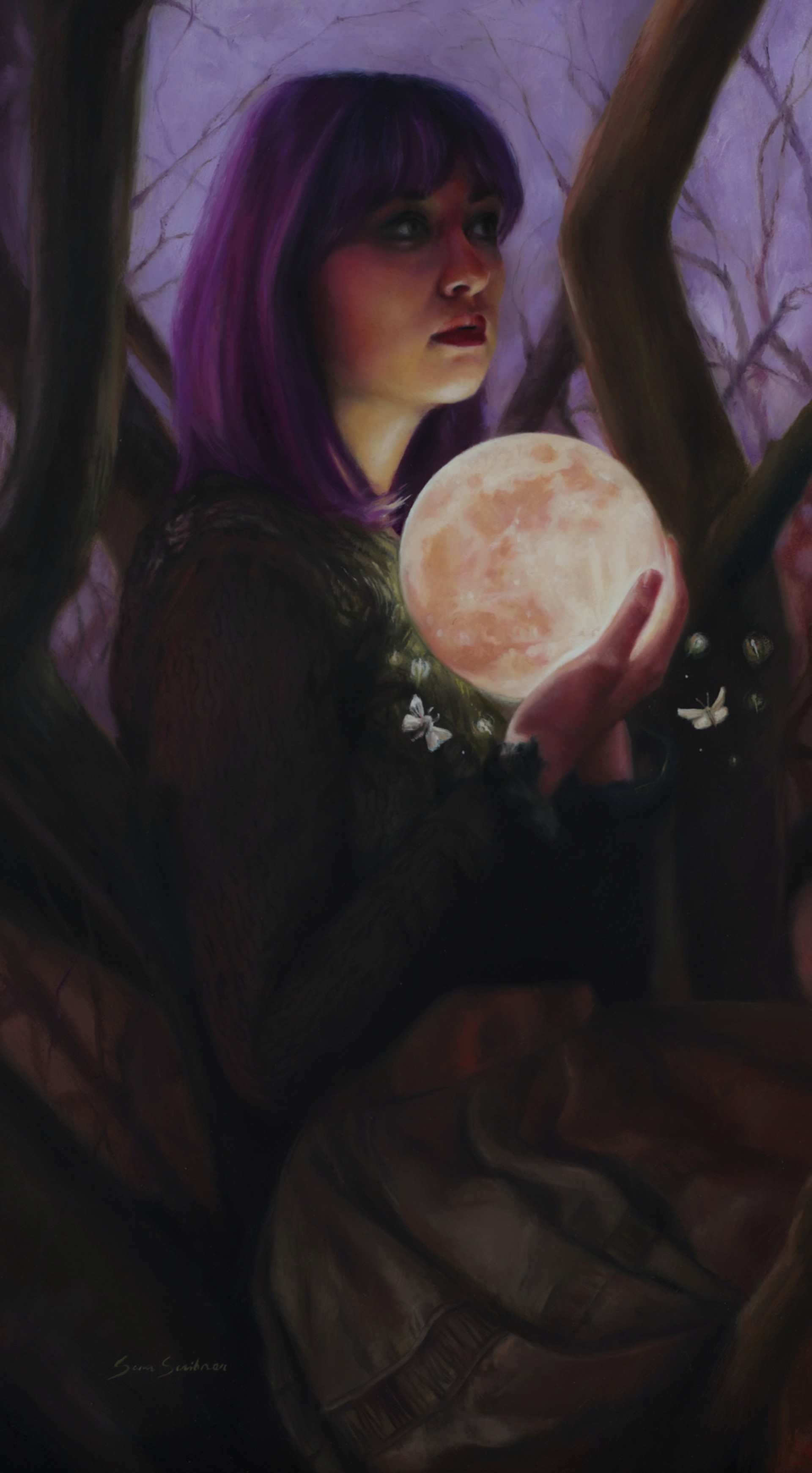 A woman holding a full moon in her hands.