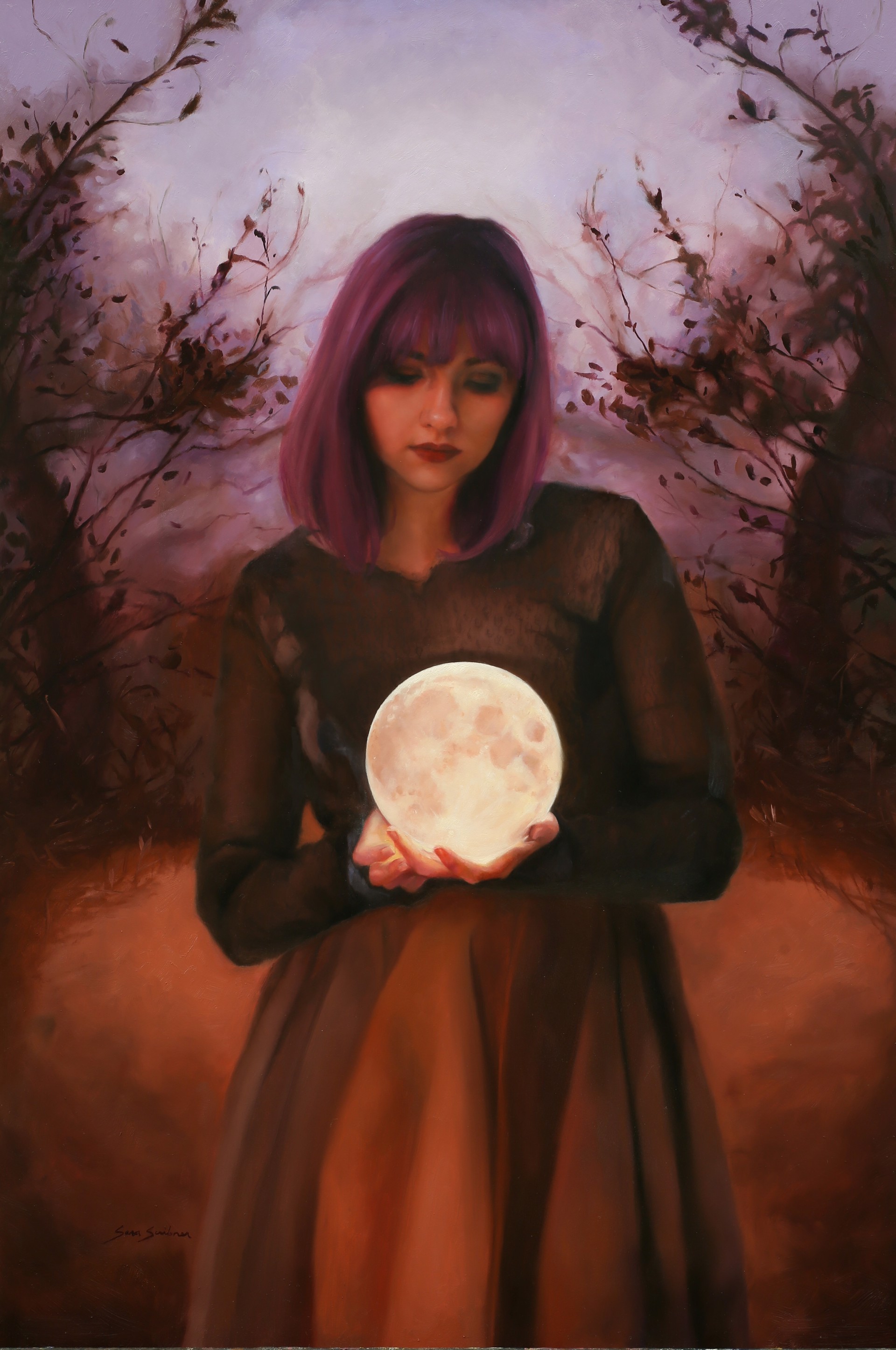 A painting of a woman holding a full moon in her hands.