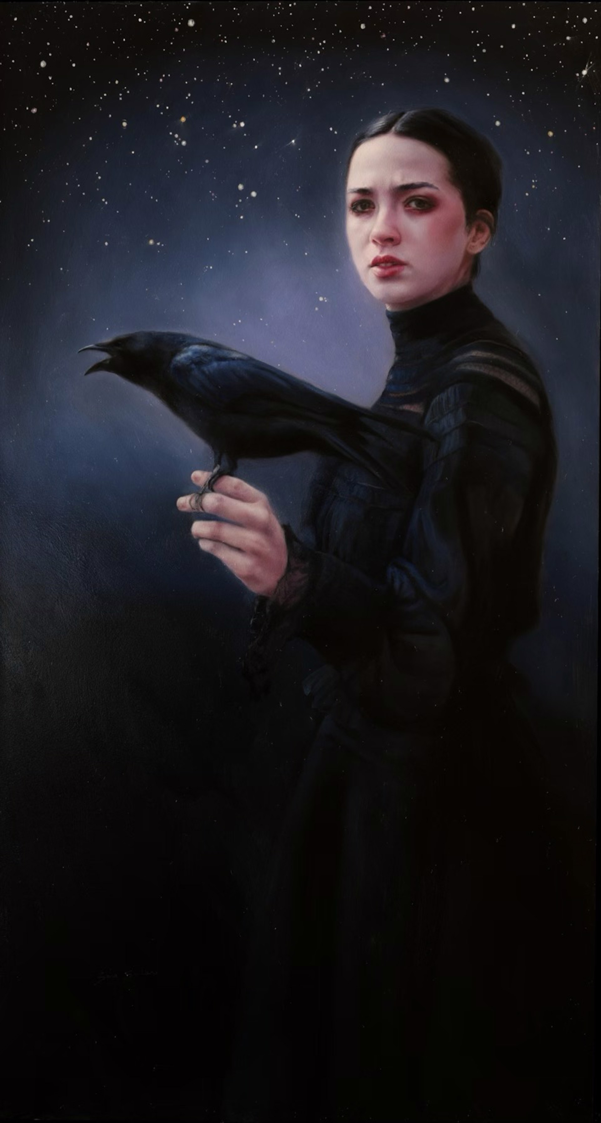 A painting of a woman holding a crow in her hand.
