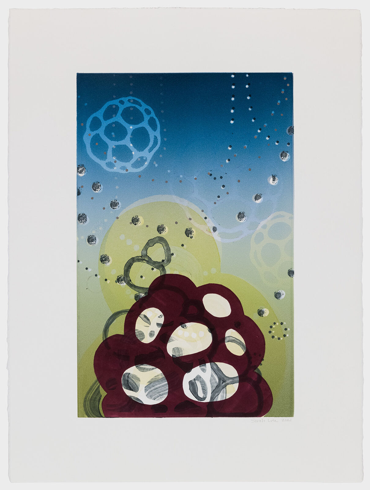 A layered abstract composition featuring organic shapes against a gradient blue background.