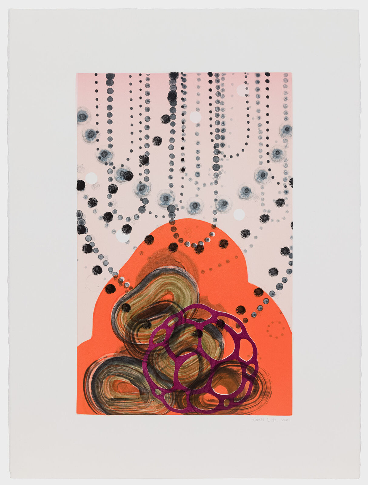 A colorful abstract print featuring a large orange shape, swirling brown forms, and a purple geometric lattice against a background of falling dots.