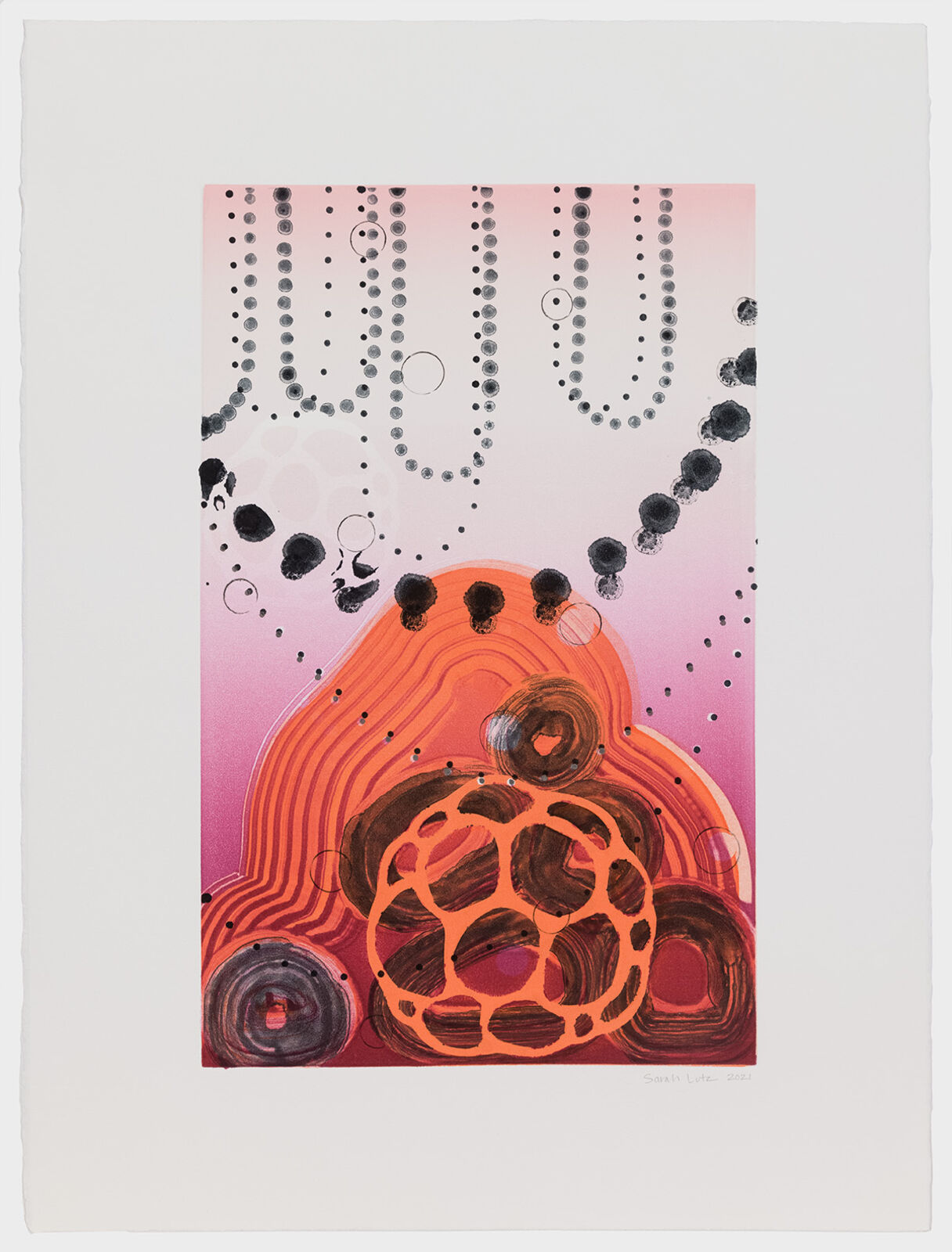 A vibrant abstract composition featuring a central organic form with concentric rings against a pink gradient background.