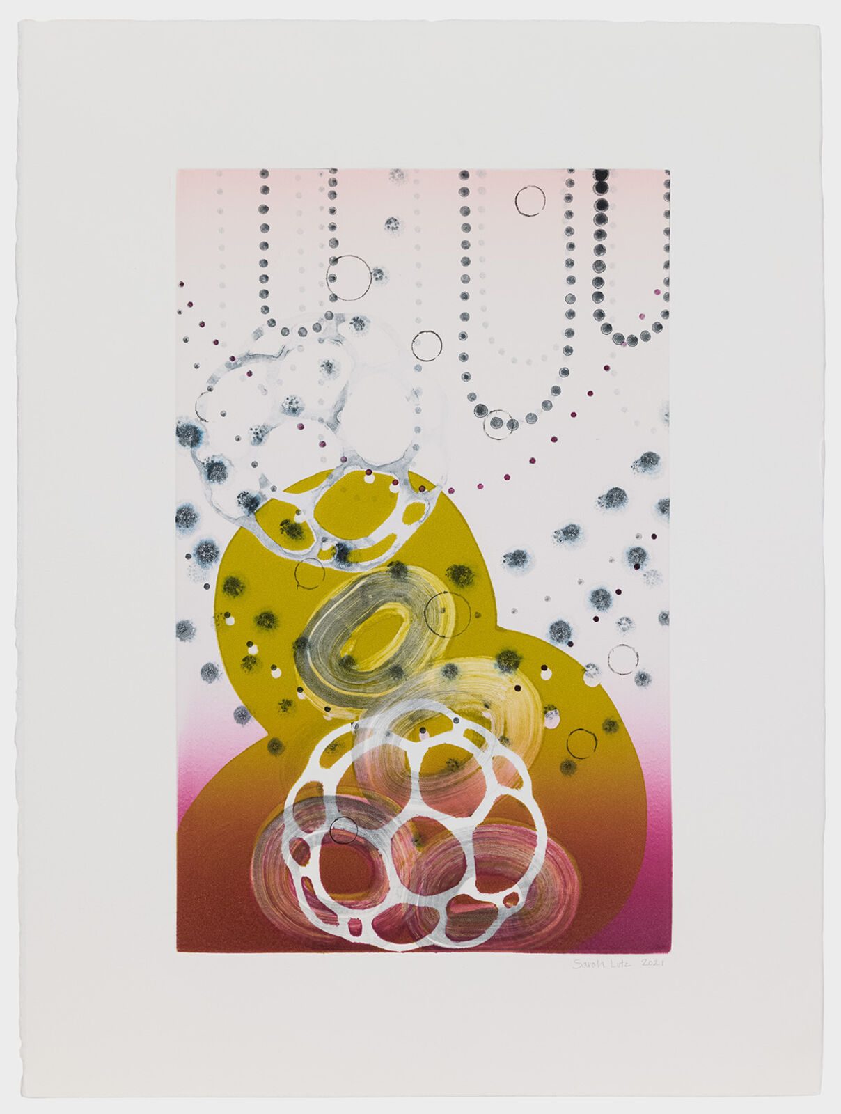 A layered abstract composition featuring organic shapes, cellular patterns, and a gradient background.