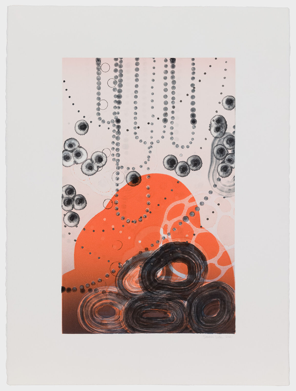An abstract composition featuring a large orange shape, dark swirling forms, and floating circular elements against a pale background.
