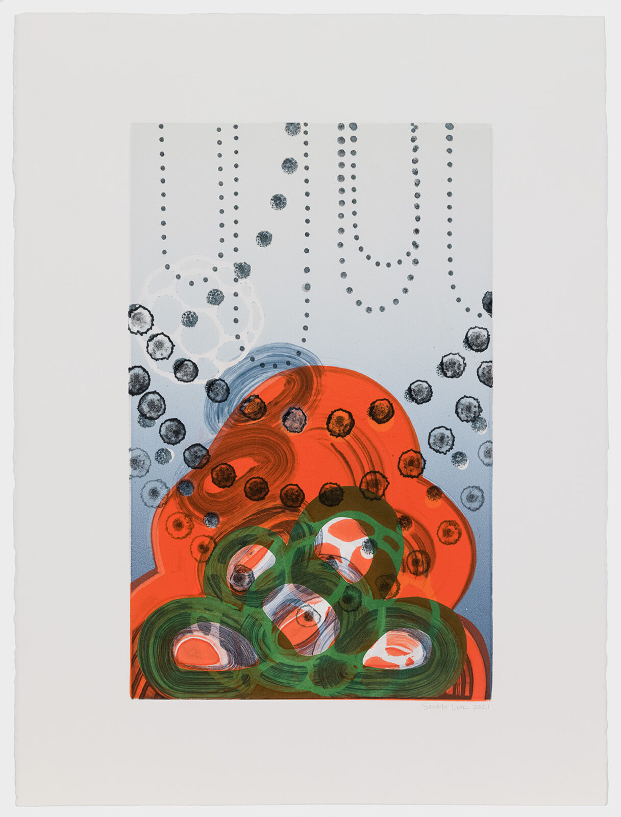 A vibrant abstract composition featuring a large orange organic shape layered over green forms, surrounded by floating dots and bubbles against a pale blue background.